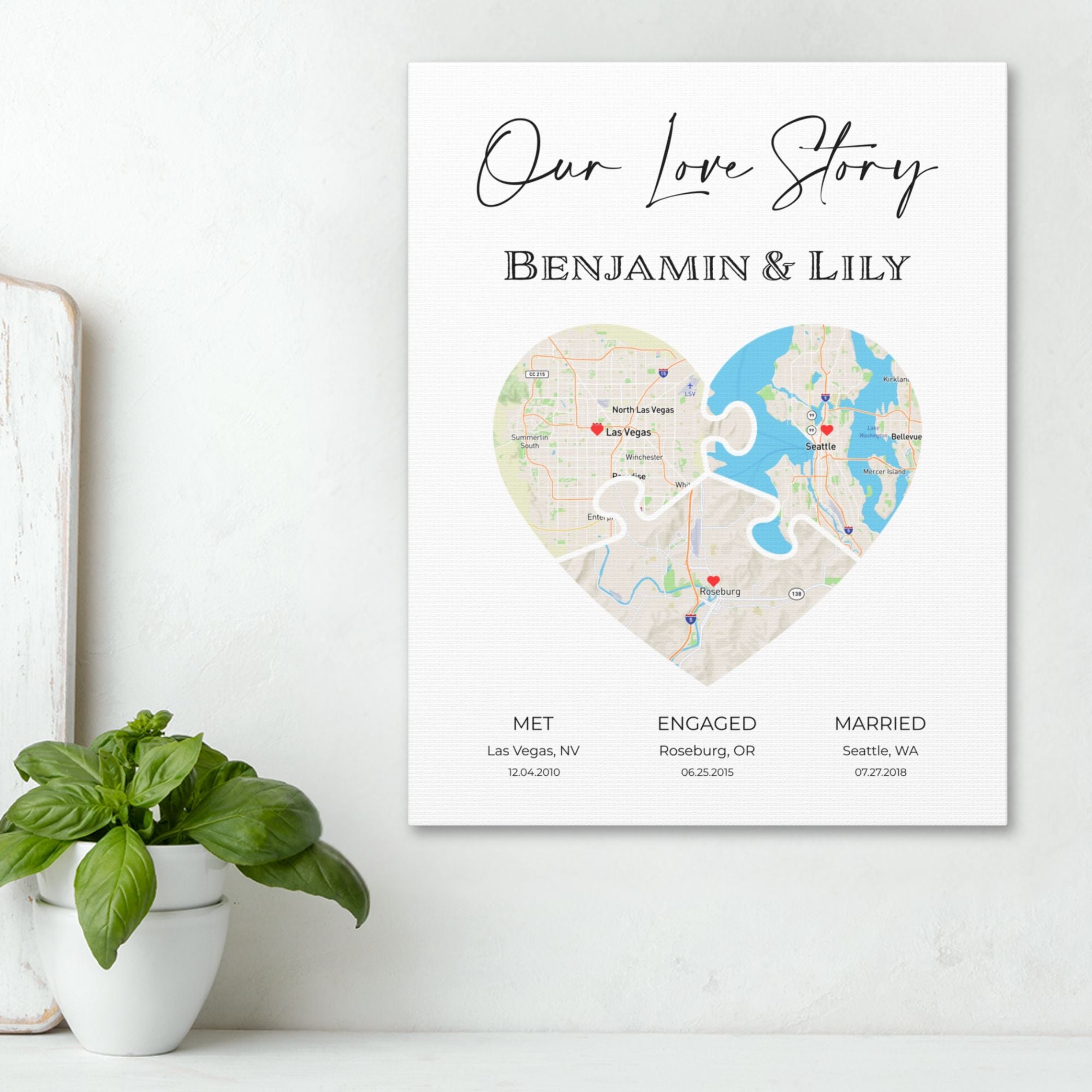 Puzzle Piece Heart Map Art | Personalized Couple Gift | Option 5