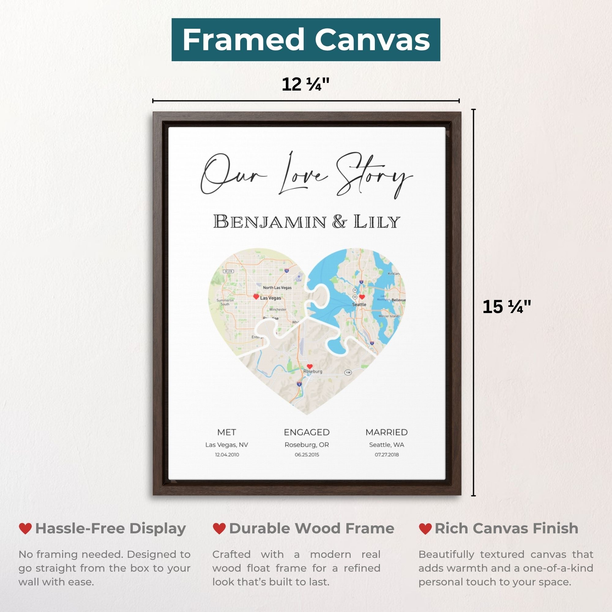Puzzle Piece Heart Map Art | Personalized Couple Gift | Option 5
