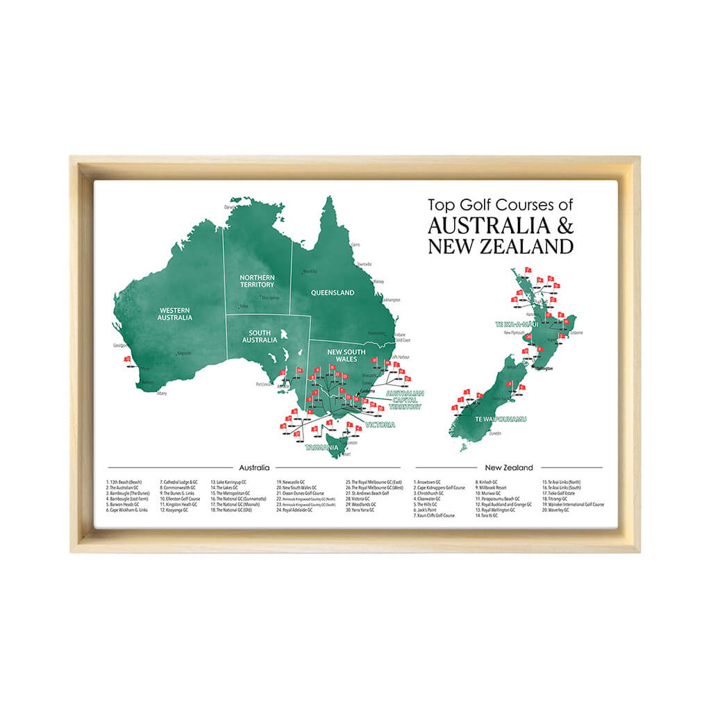 Gallery Wrapped Canvas Top Golf Courses of Australia and New Zealand Map in Natural Tan Float Frame in 16" x 24" size