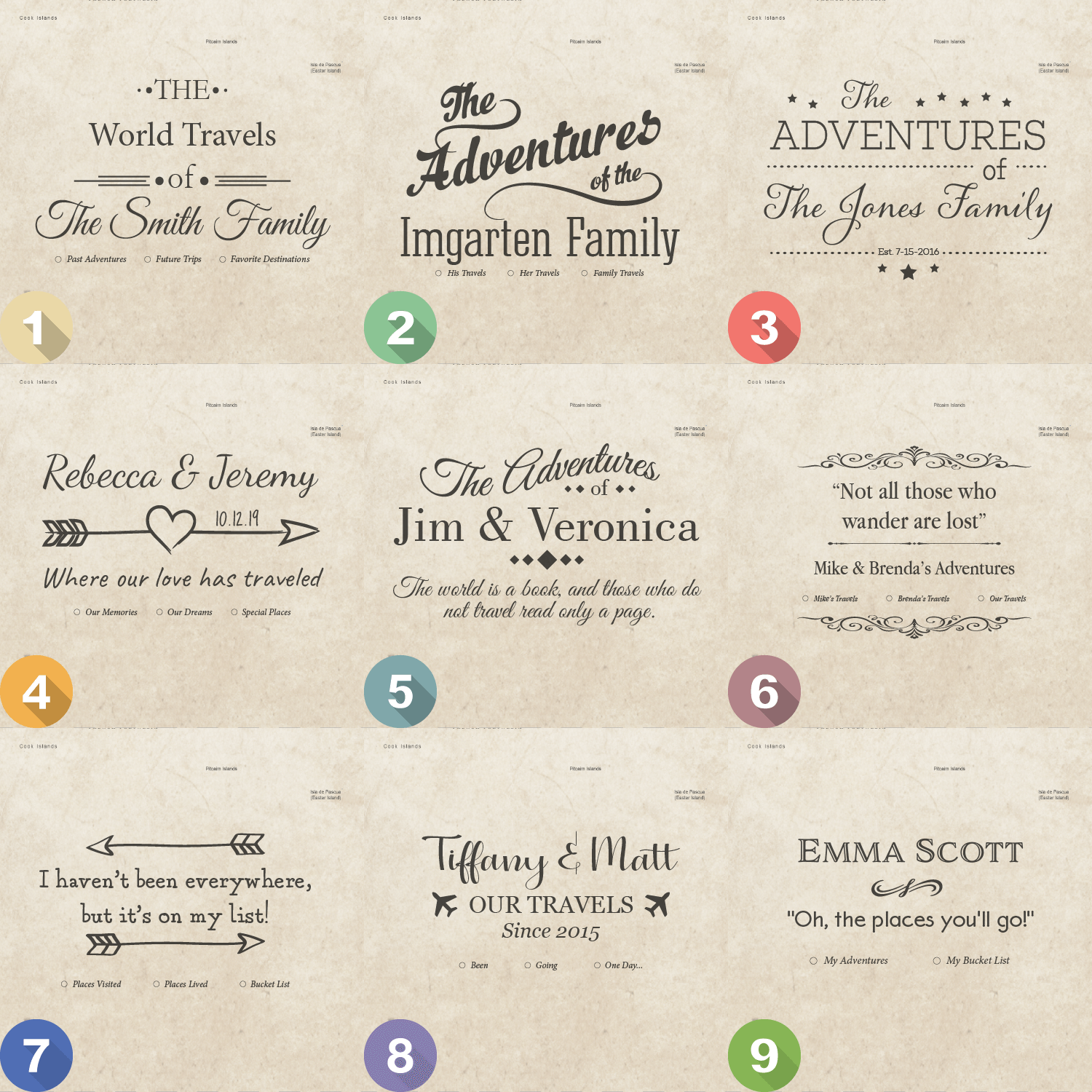 Nine personalized world travel map title card design options showing customizable family and couple name styles on sandy beige canvas