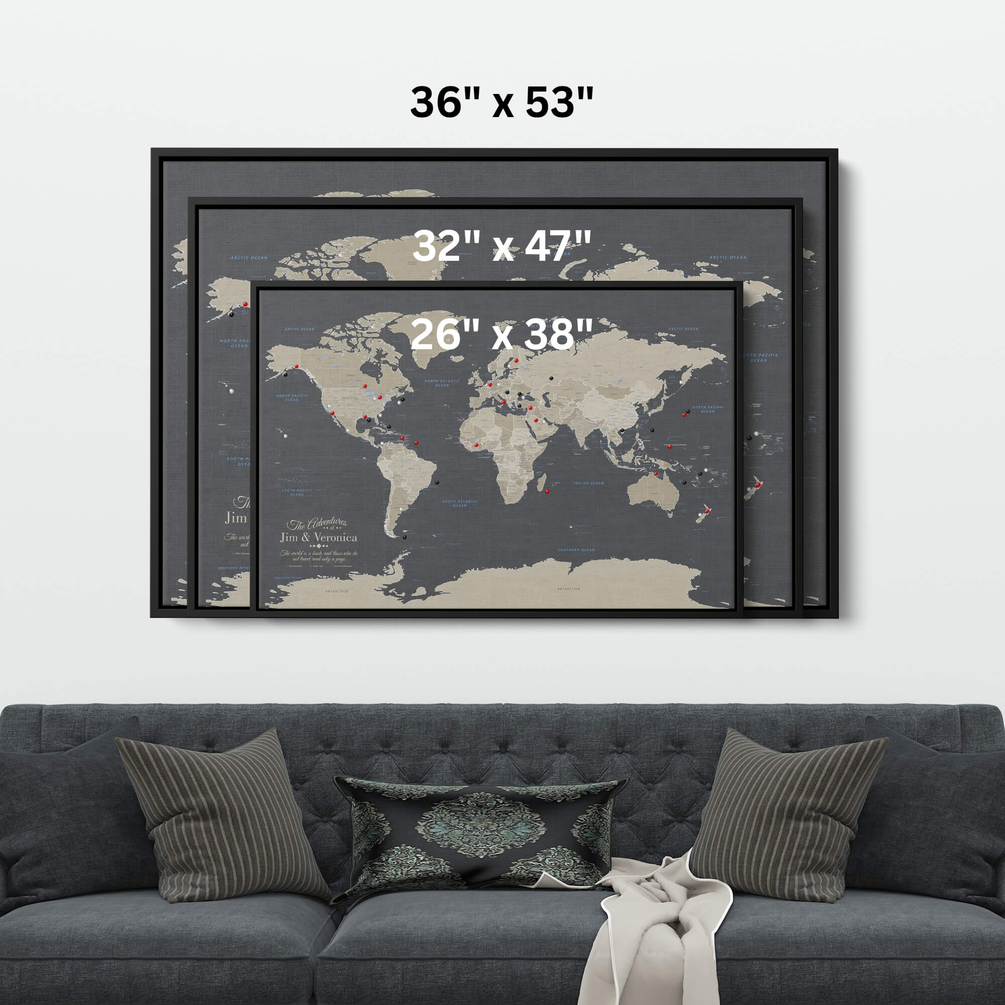Gallery Wrapped - Earth Toned World Travel Map with pins