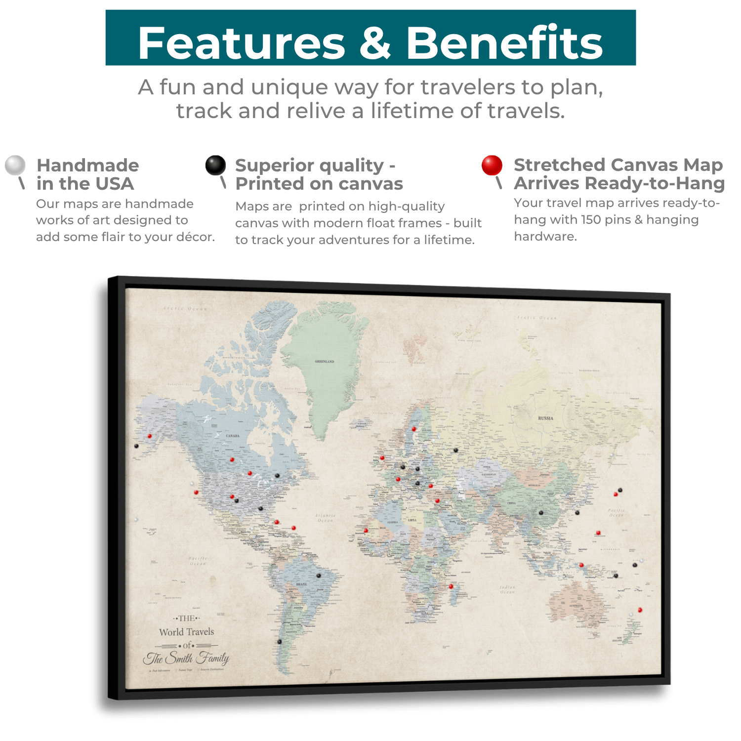 Features of Gallery Wrapped Sandy Dreams World Map in Float Mount Frames