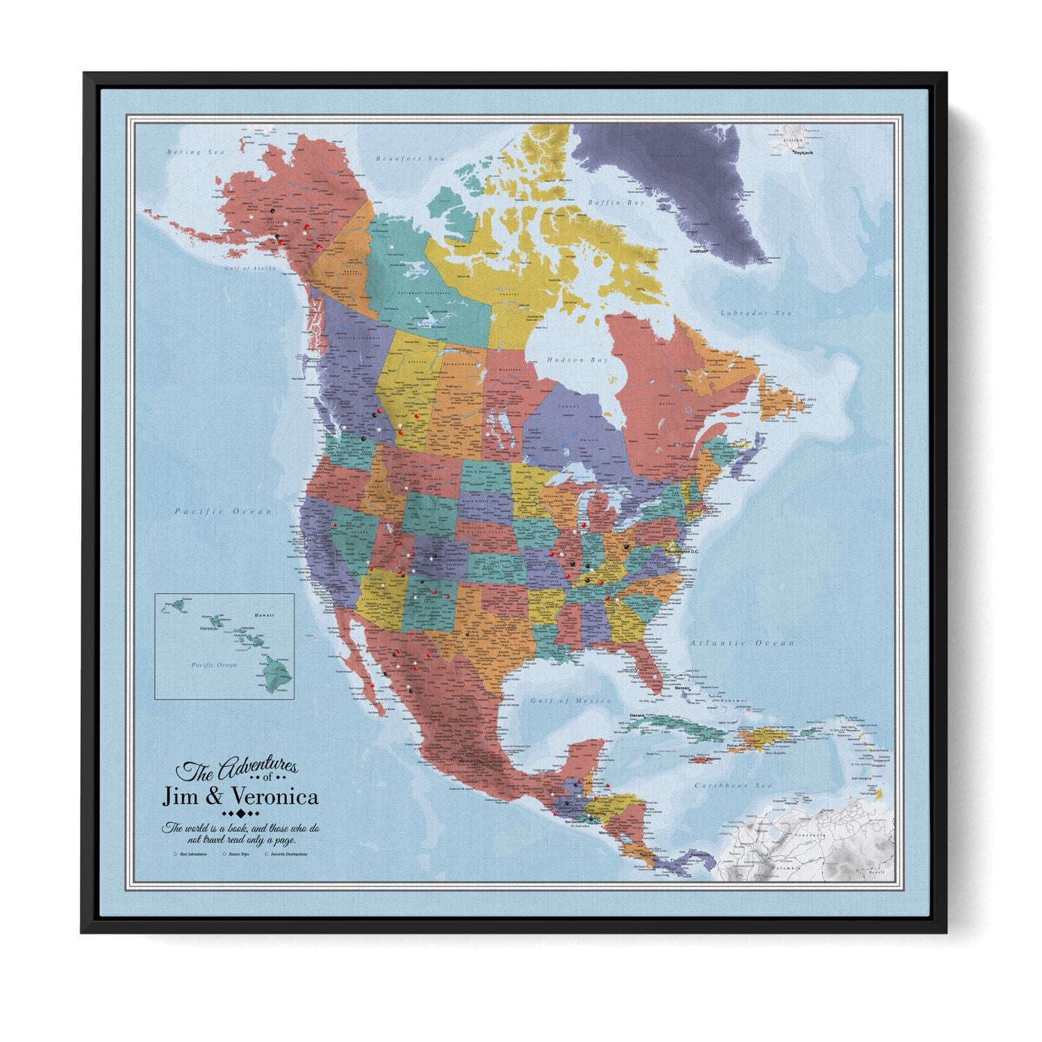 Canvas - Blue Oceans North America Travel Map with Pins