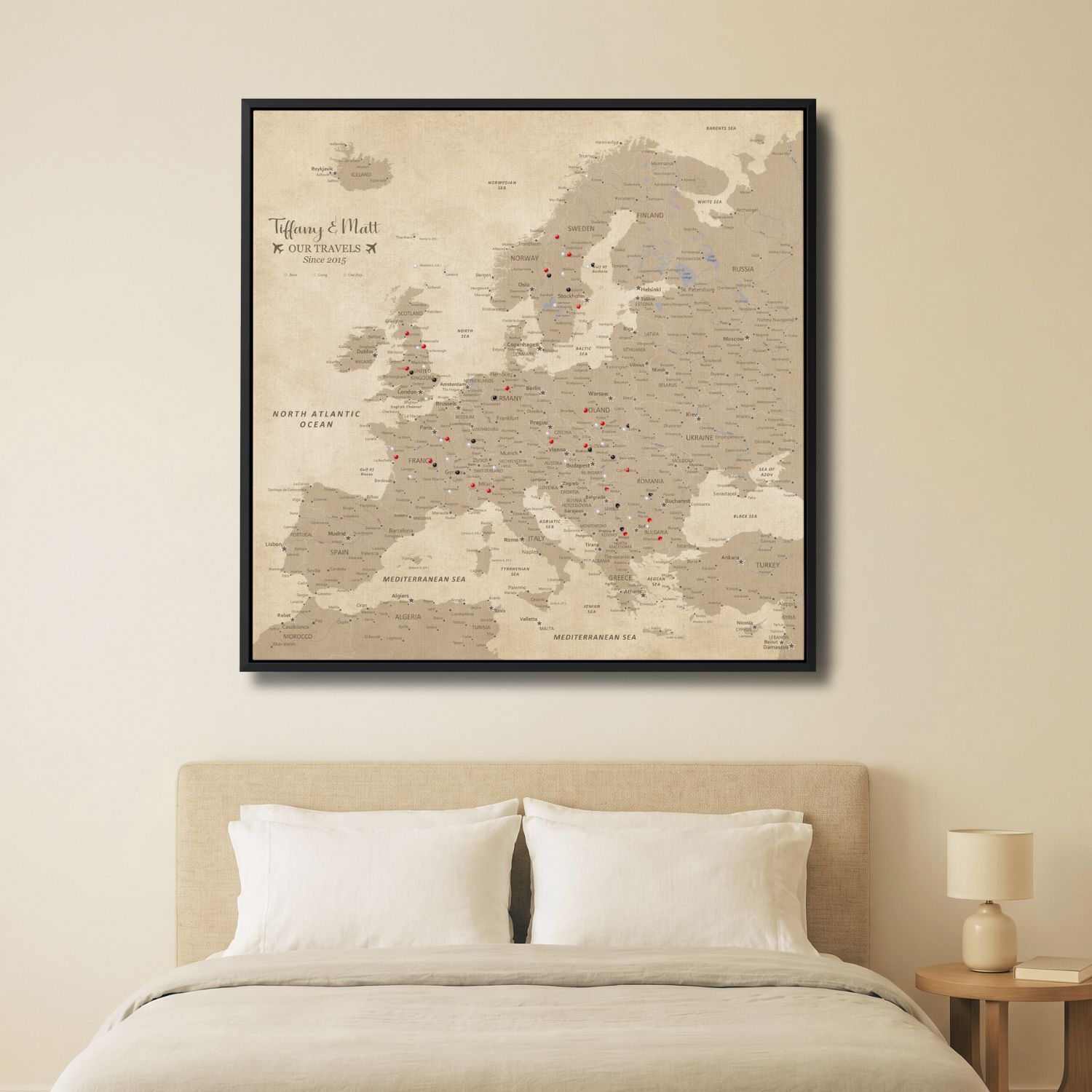 Canvas - Vintage Europe Travel Map with Pins - Square