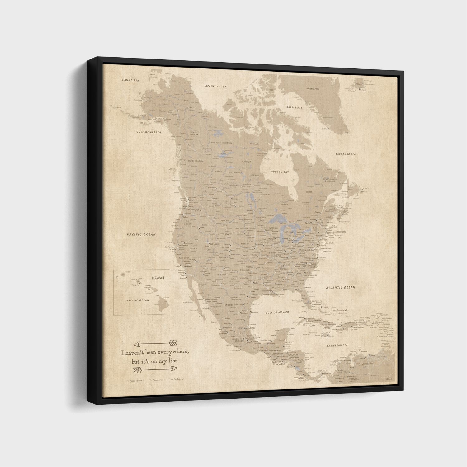 Vintage North America travel map canvas with black float frame, antiqued beige tones