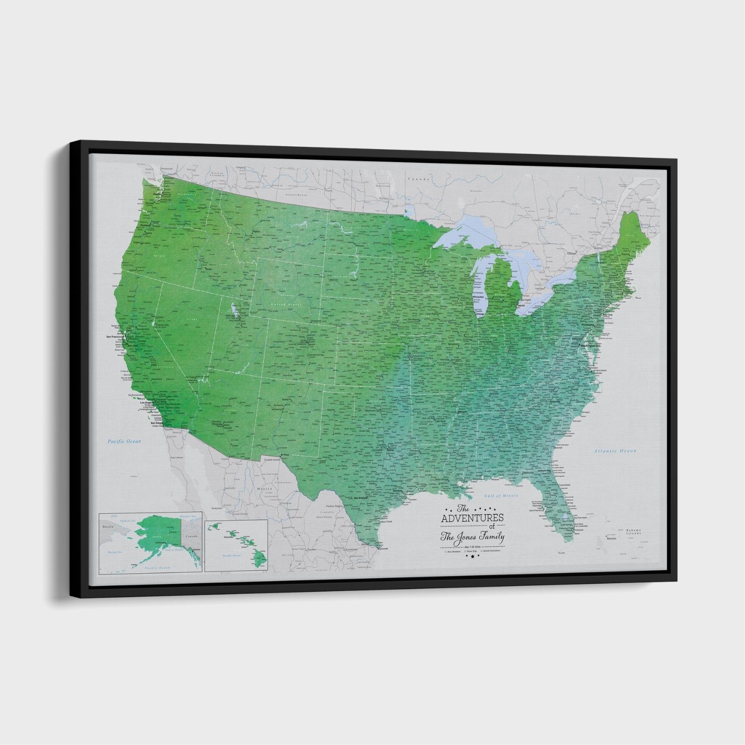 Canvas - Enchanting Emerald Watercolor USA Travel Map with pins