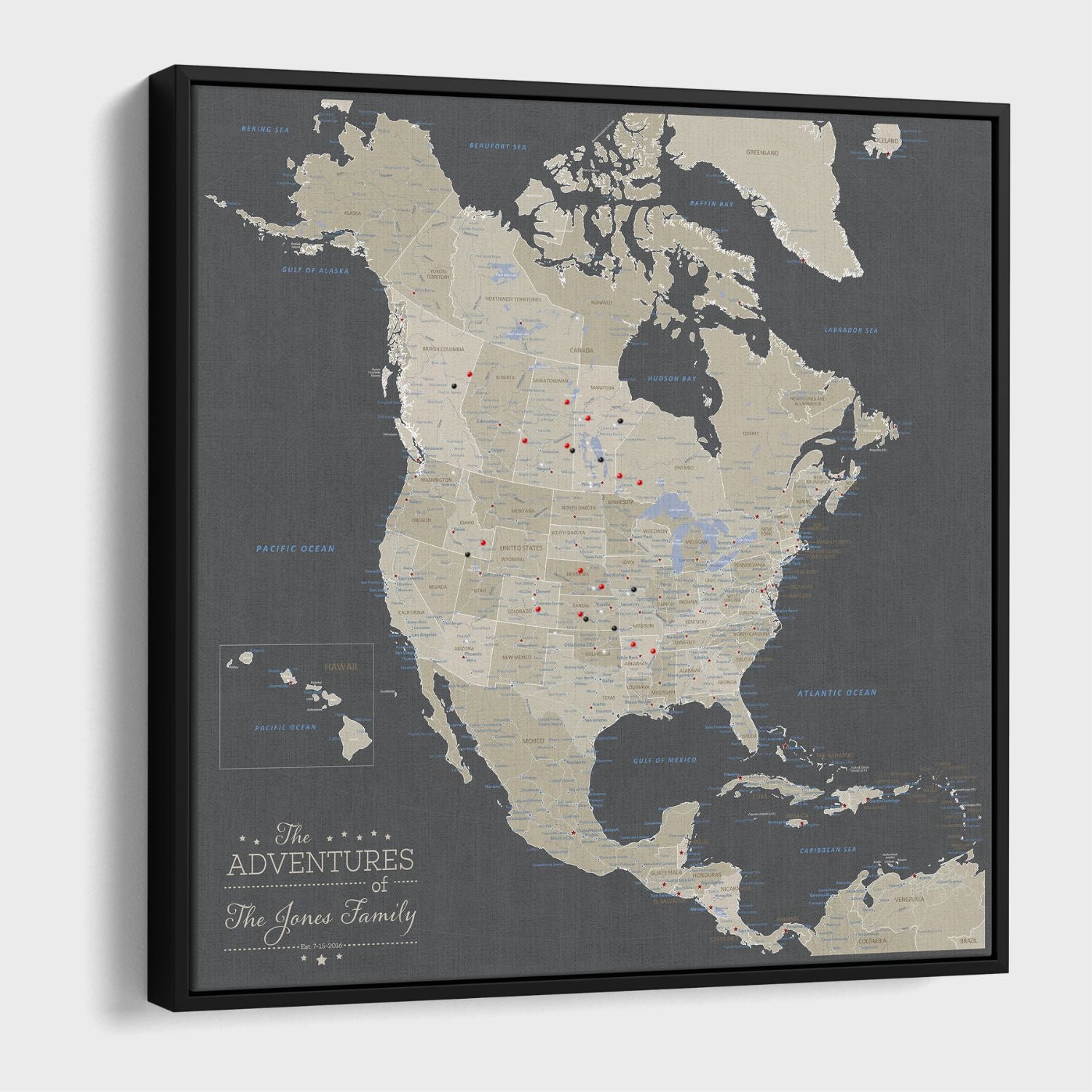 Black framed canvas earth toned North America travel map with pins marking adventures in gray and tan tones