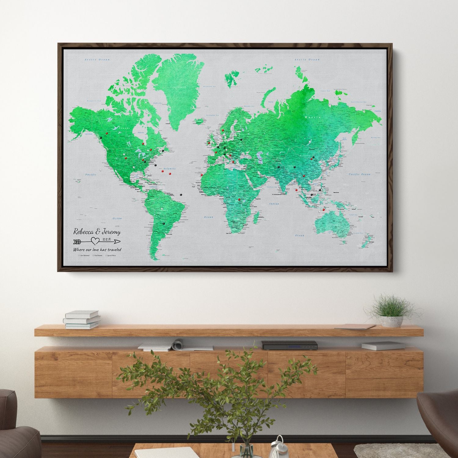 Canvas - Enchanting Emerald Watercolor World Travel Map with pins