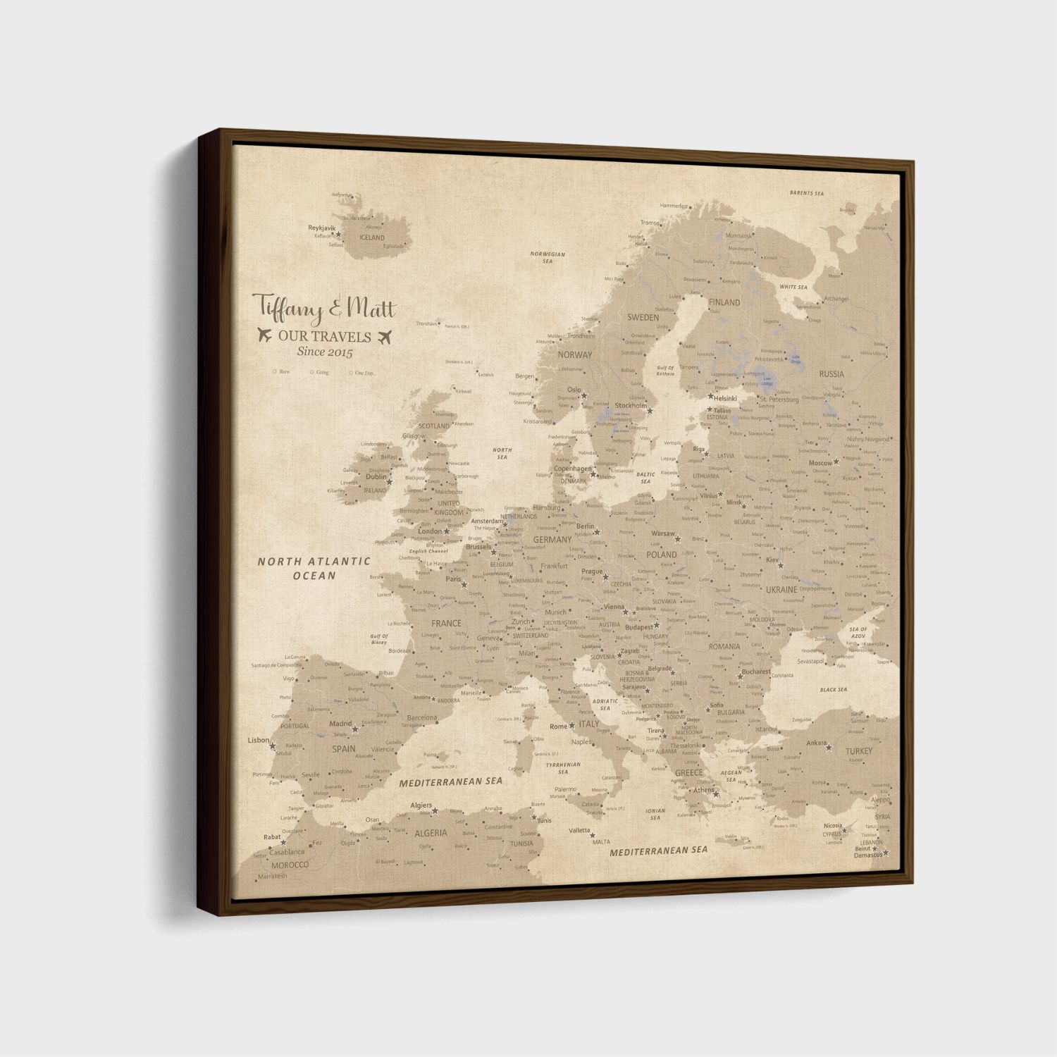 Canvas - Vintage Europe Travel Map with Pins - Square