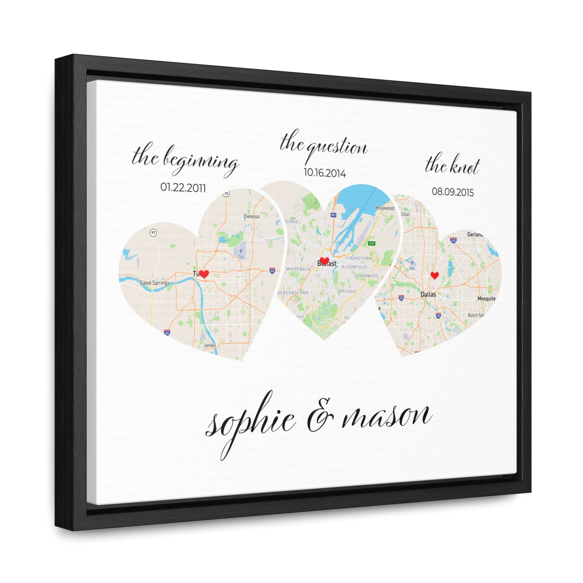 Relationship Map Wall Art | 3 Heart Couple Map | Option 2
