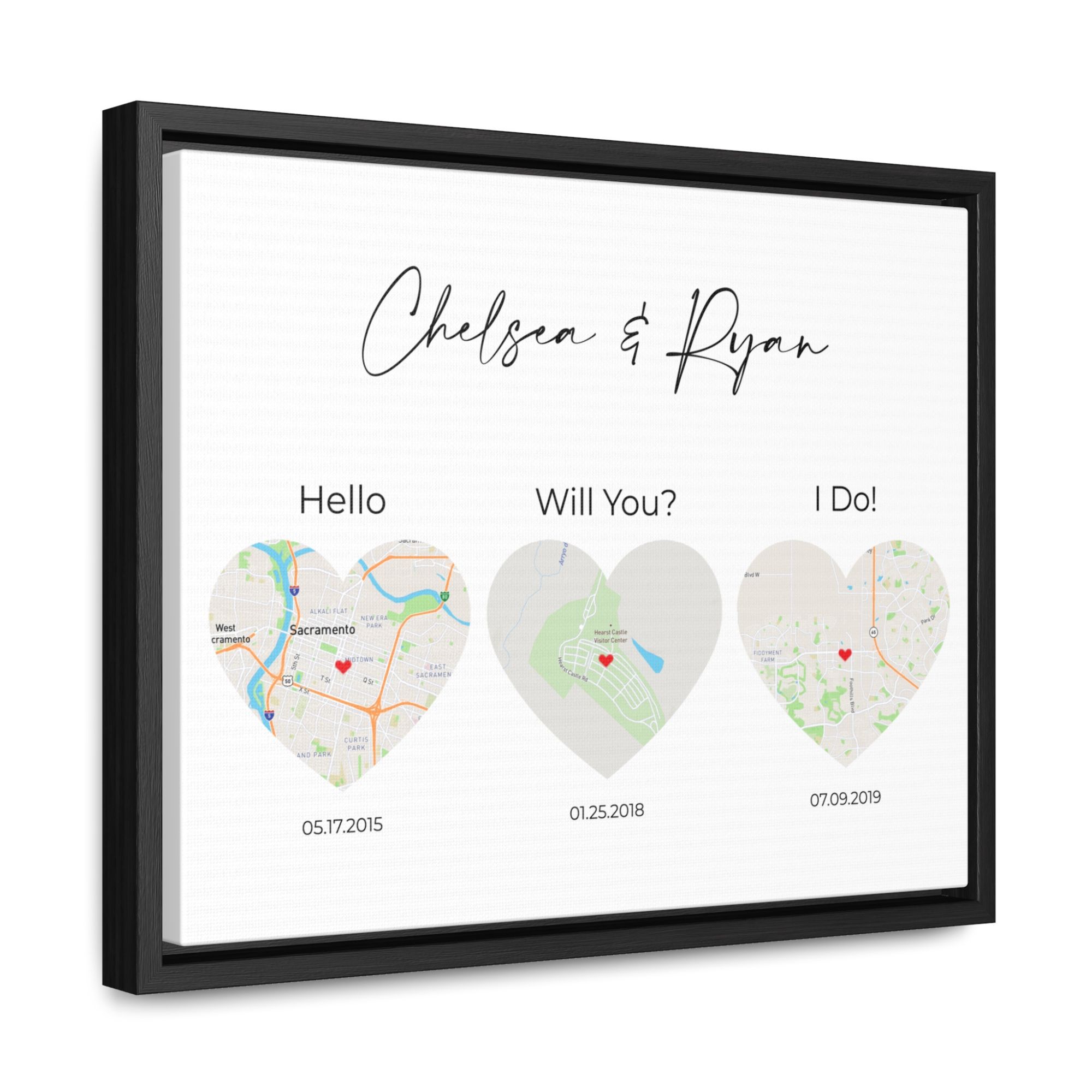 3 Heart Map Art | Where We Met Map | Hello, Will You, I Do | Option 1