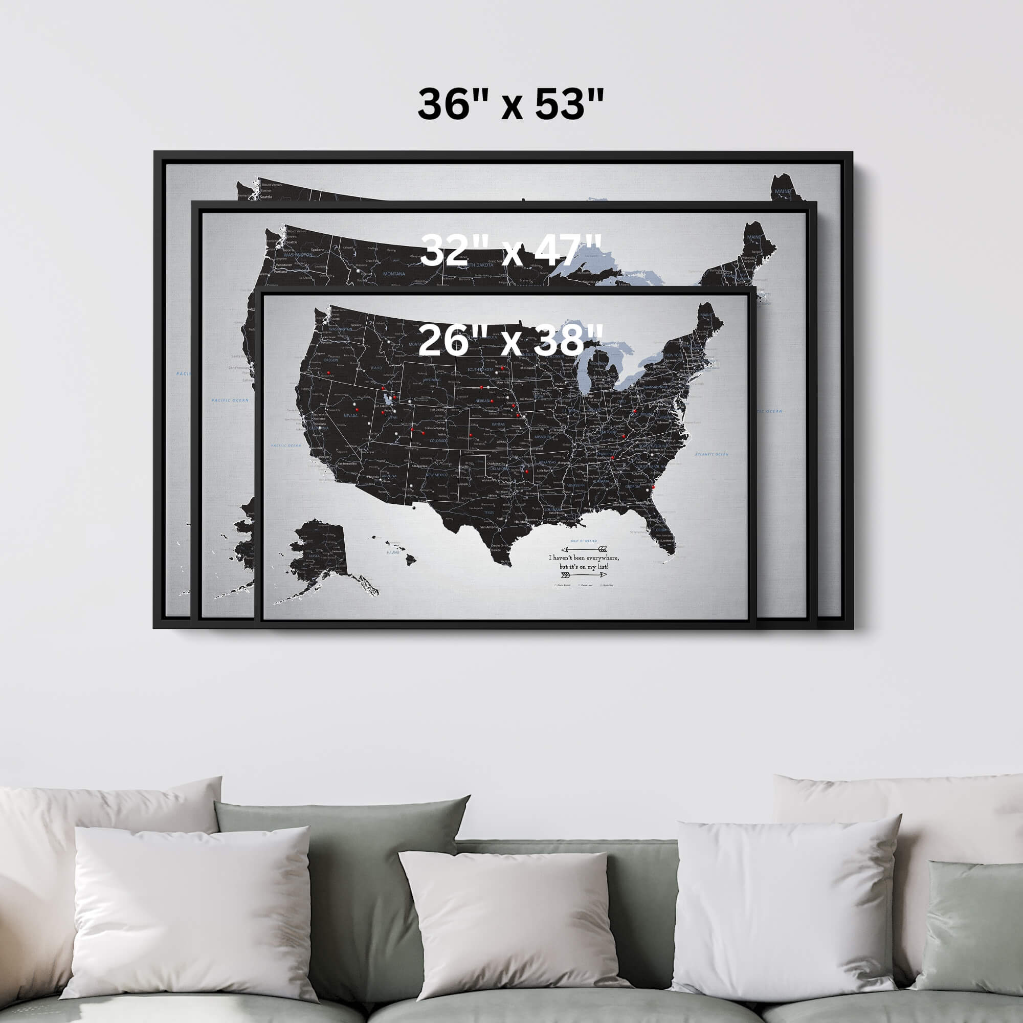Canvas - Black Ice USA Travel Map with pins