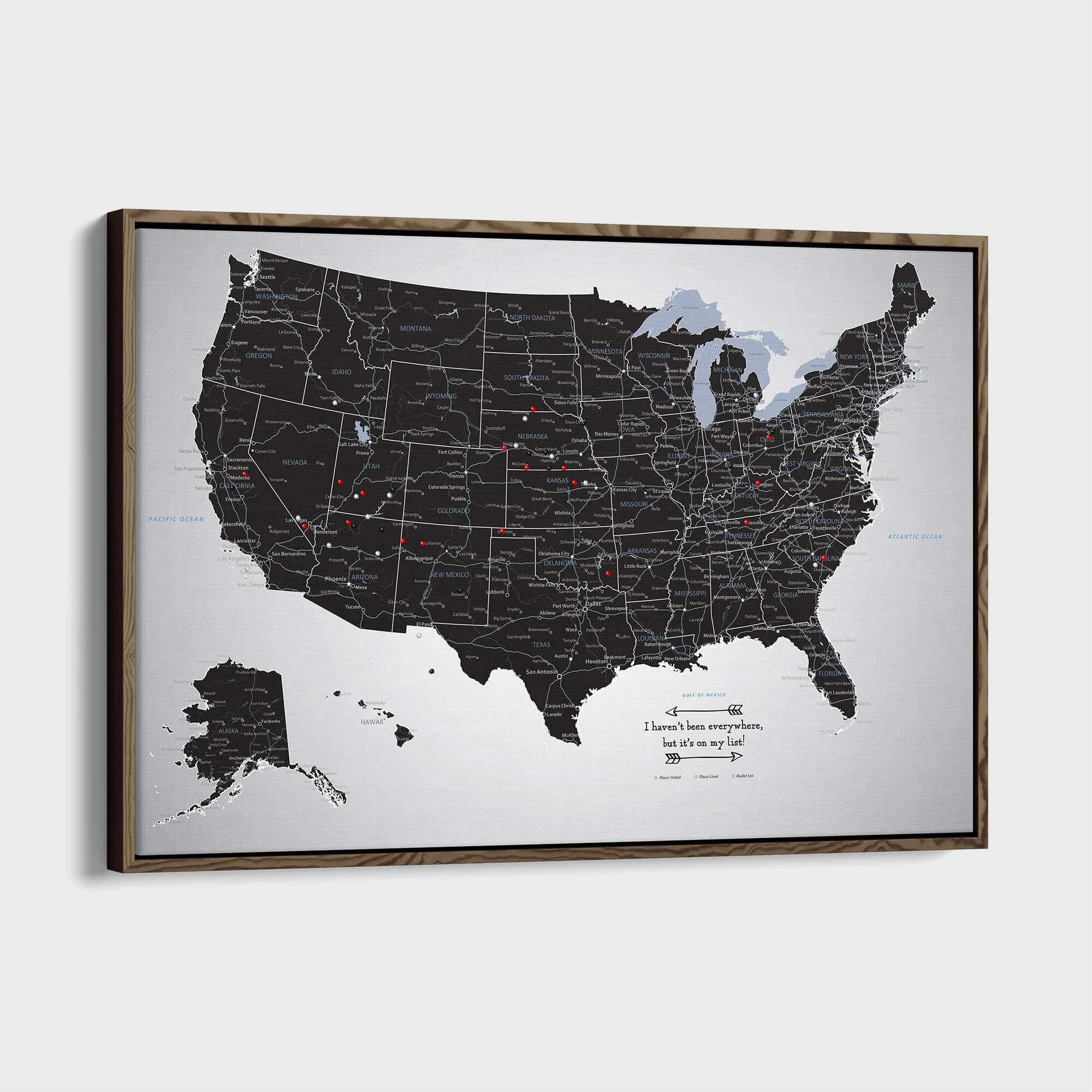 Canvas - Black Ice USA Travel Map with pins