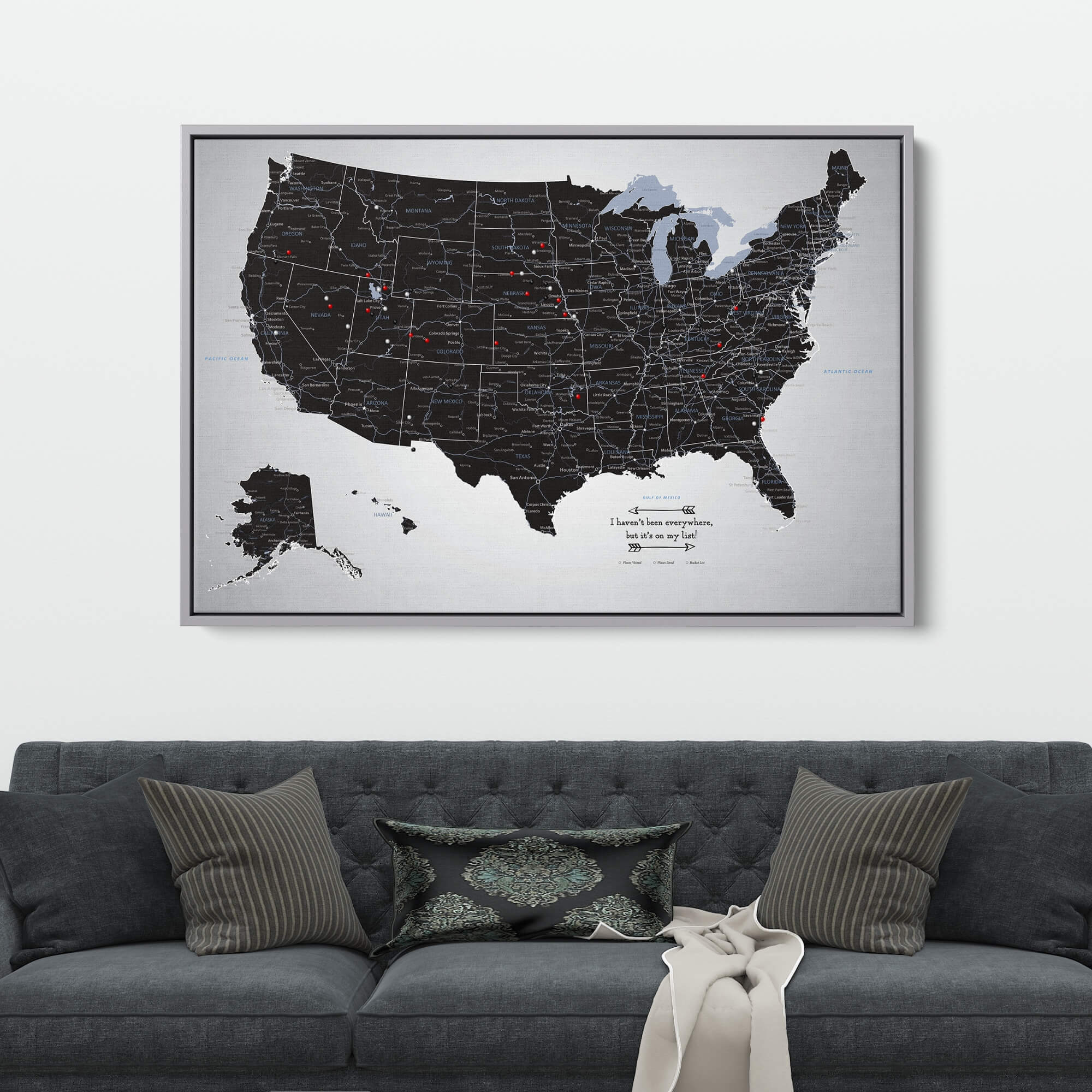Canvas - Black Ice USA Travel Map with pins