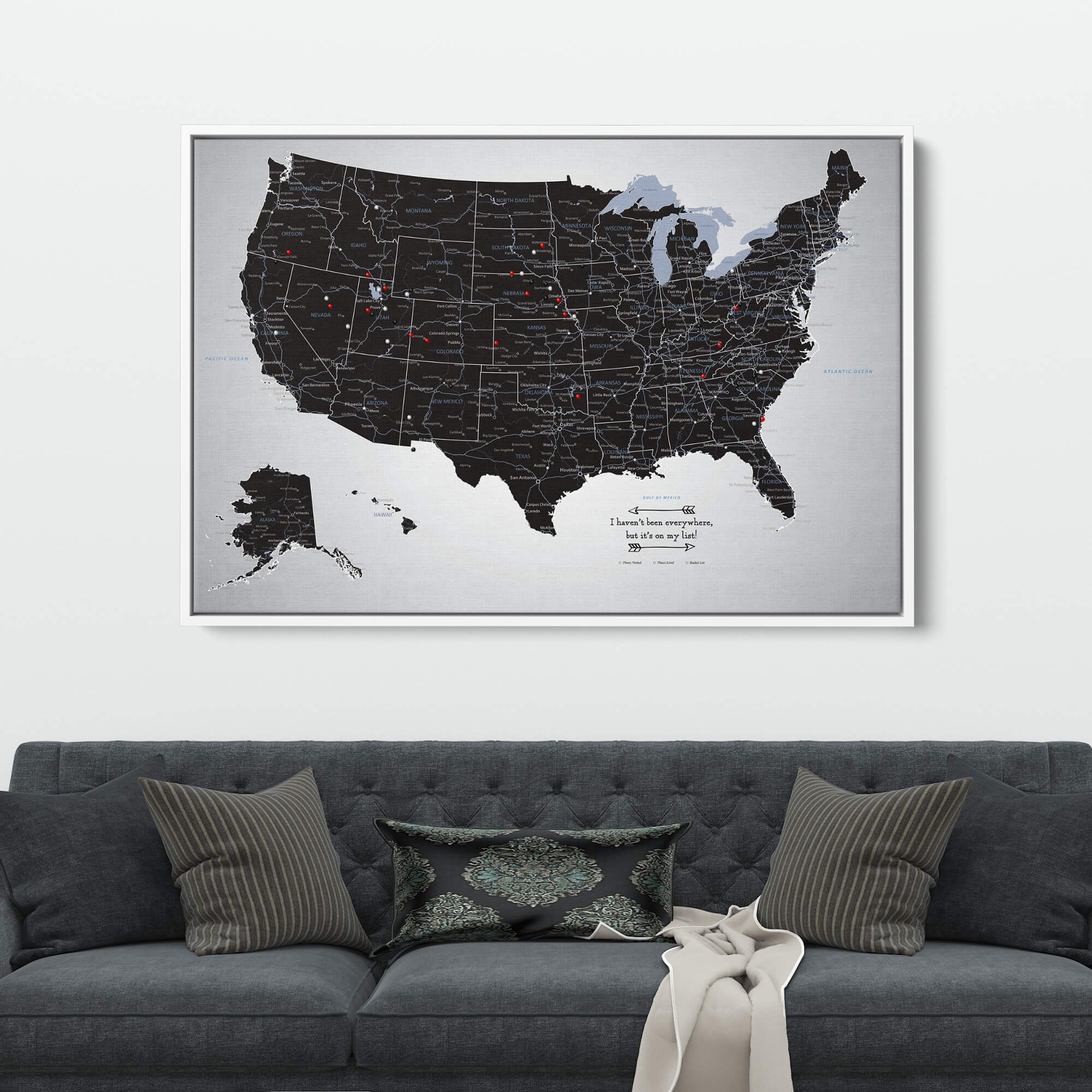 Canvas - Black Ice USA Travel Map with pins