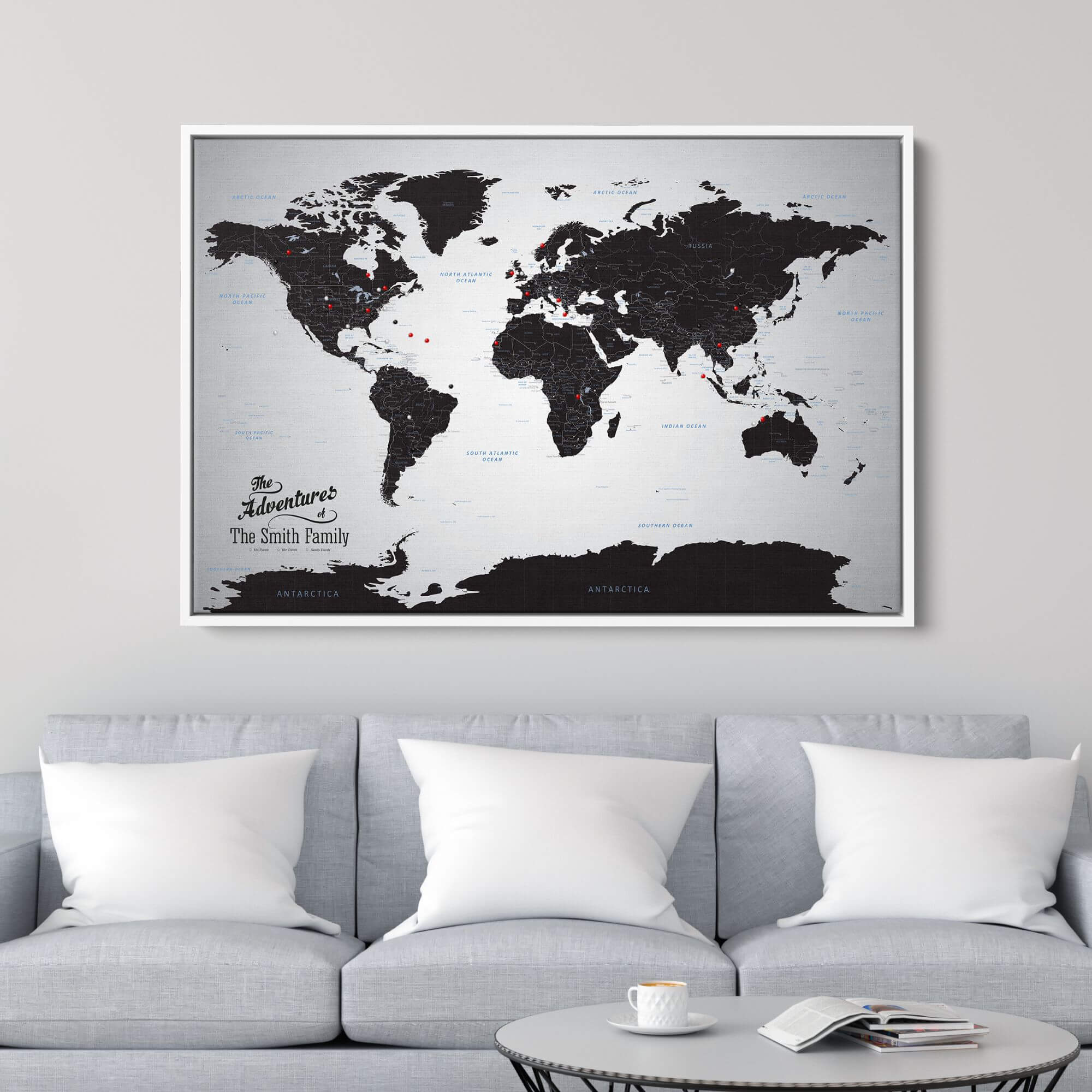 Canvas - Black Ice World Travel Map with pins