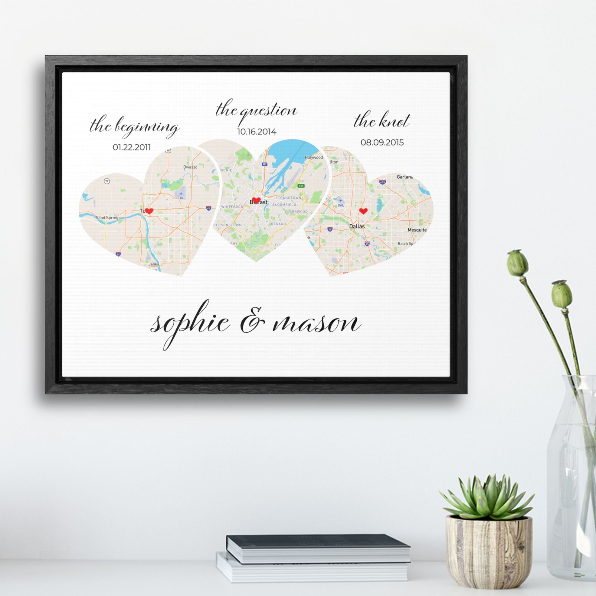 Relationship Map Wall Art | 3 Heart Couple Map | Option 2