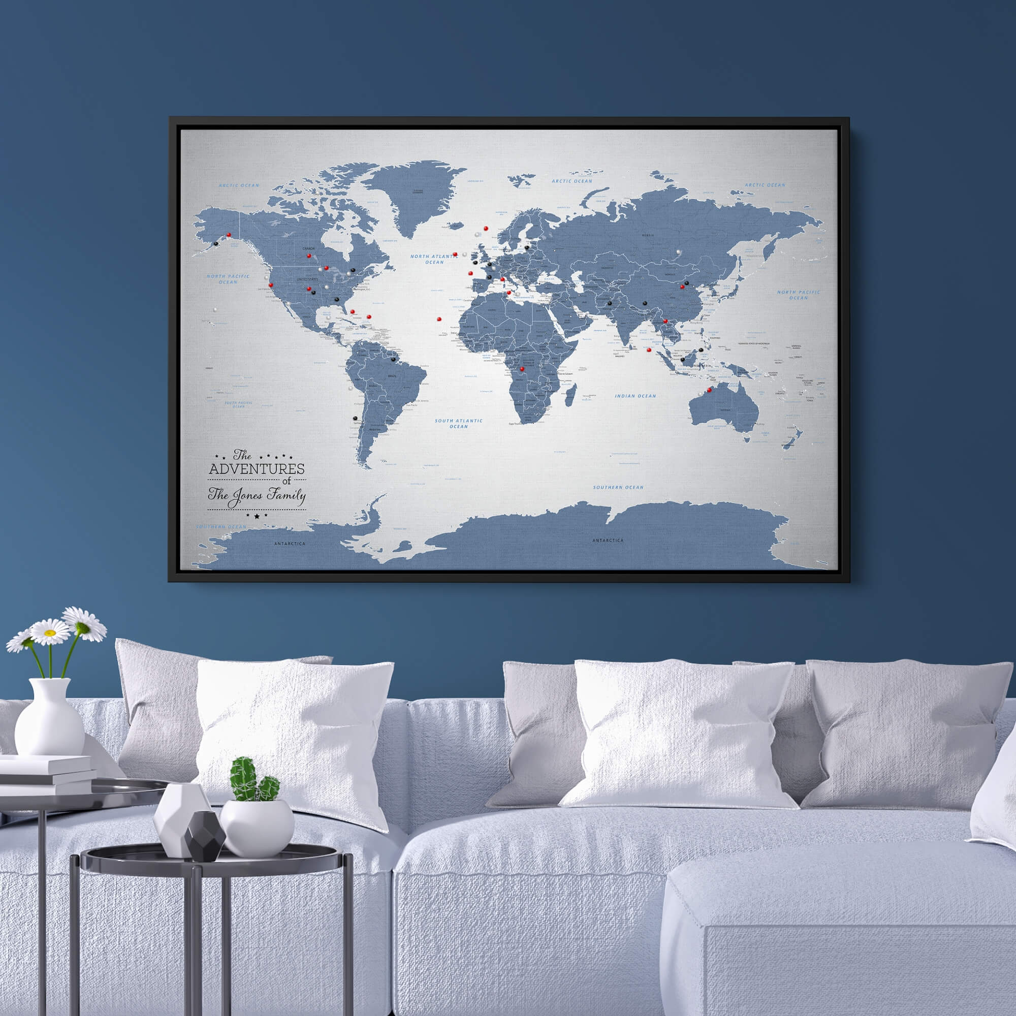 Canvas - Blue Ice World Push Pin Travel Map with pins