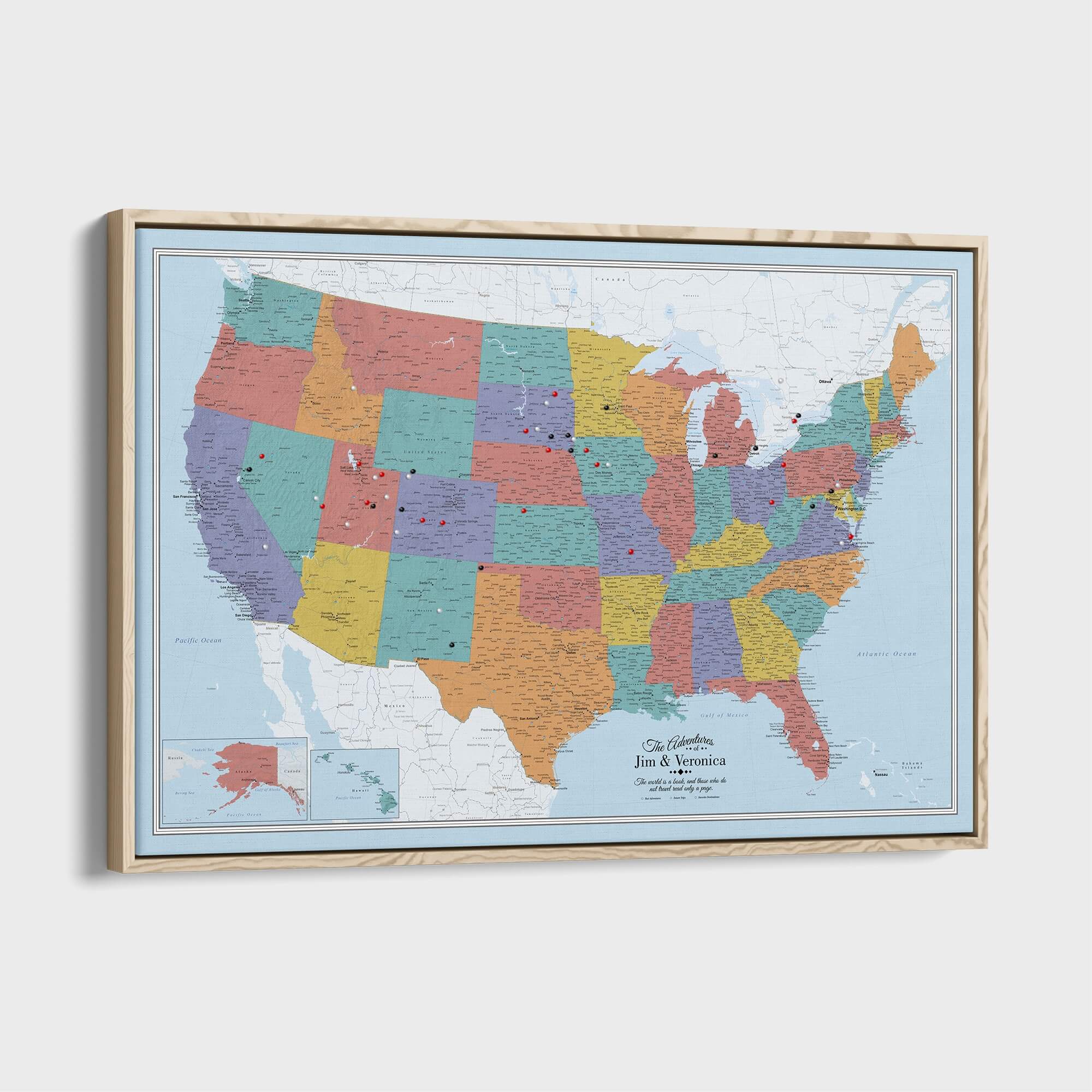 Canvas - Blue Oceans USA Travel Map with pins