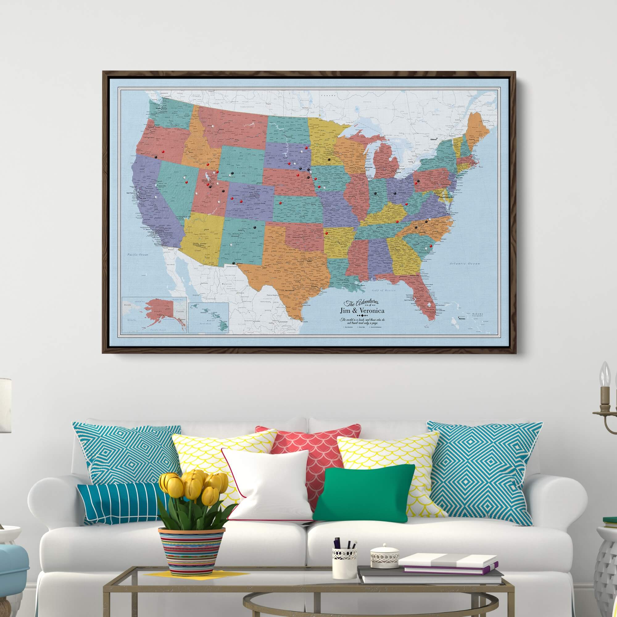 Canvas - Blue Oceans USA Travel Map with pins