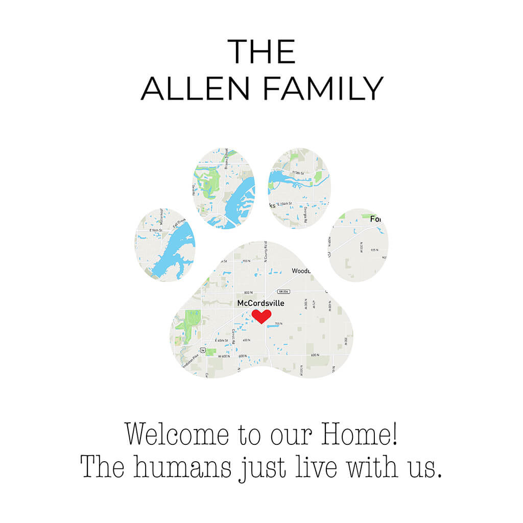 Full view of Personalized Cat Paw Print Map Art