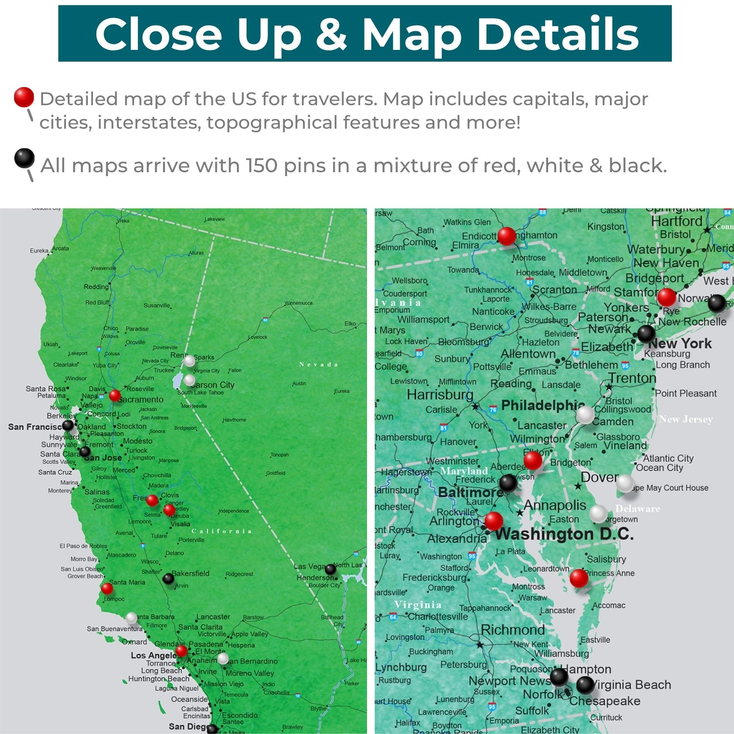 Canvas - Enchanting Emerald Watercolor USA Travel Map with pins