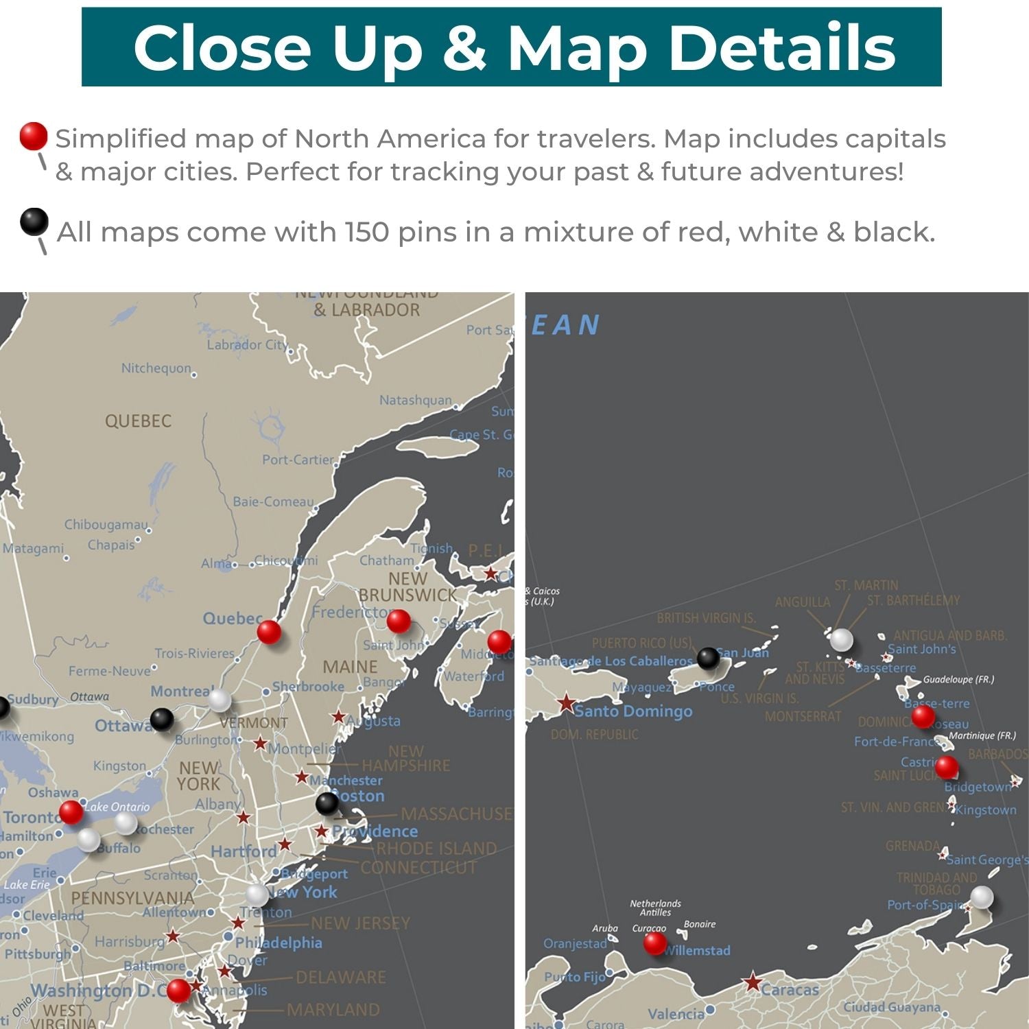Close-up detail of earth toned North America canvas map with red white black tracking pins on cities