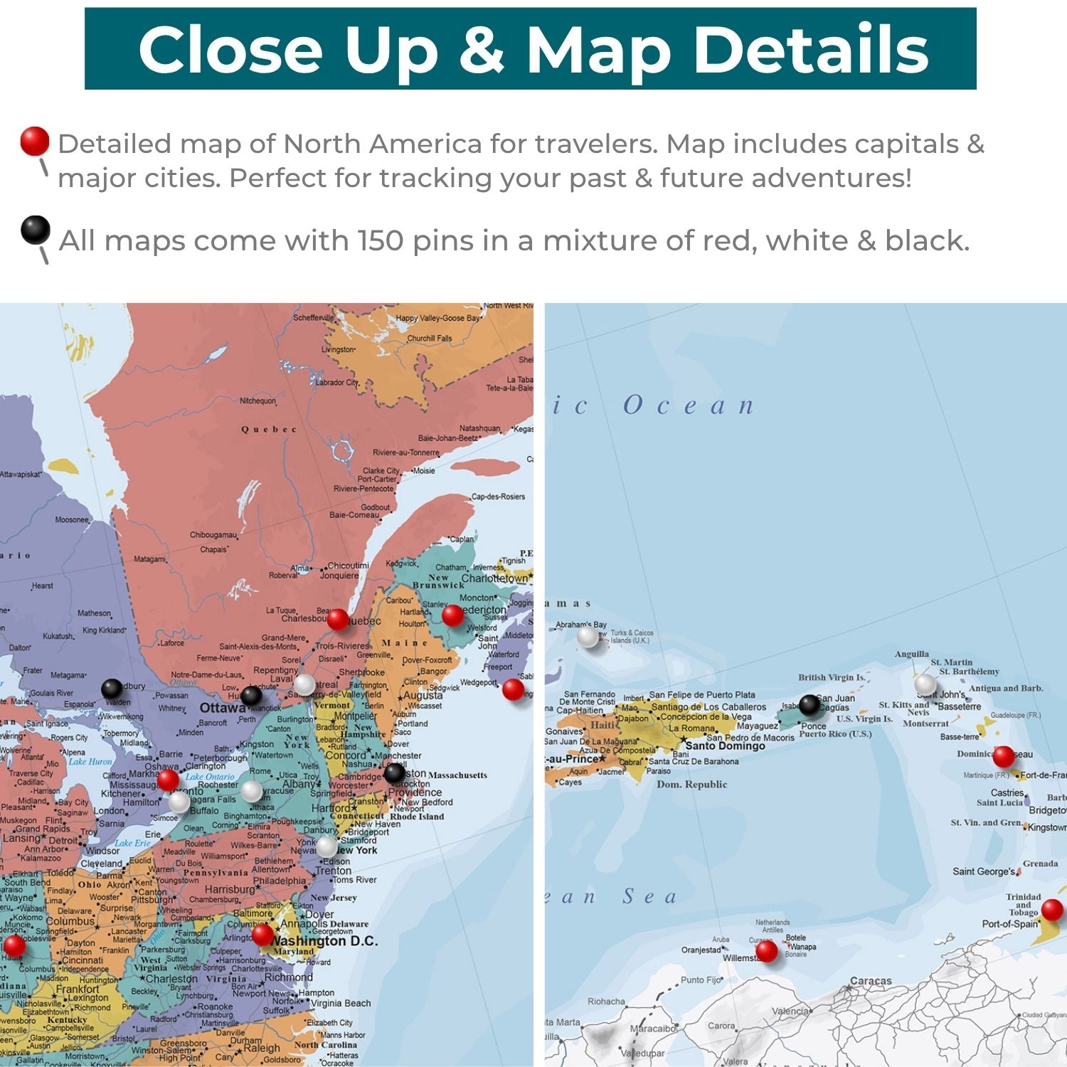 Gallery Wrapped - Blue Oceans North America Travel Map with pins