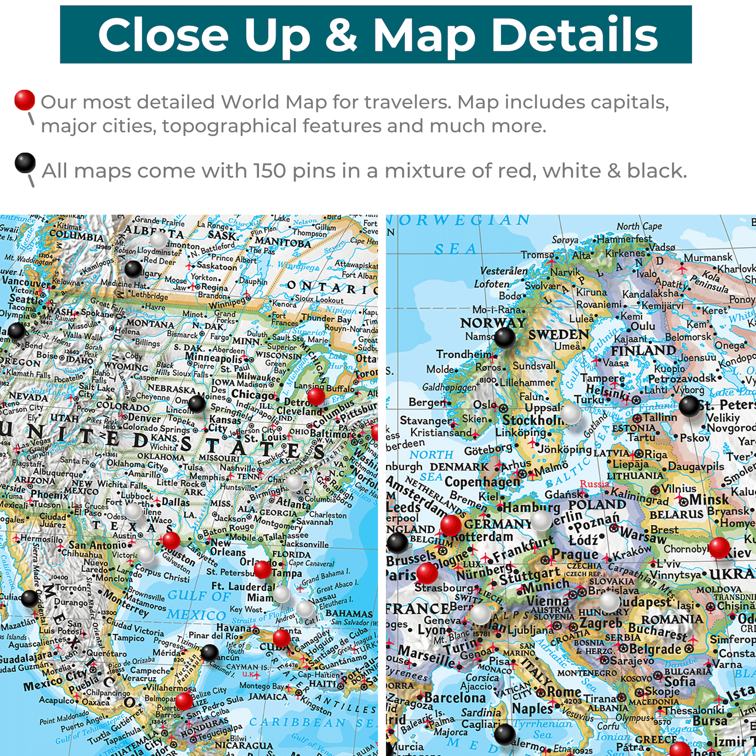 Close-up detail of Classic World Travel Map with red black and white pins marking cities