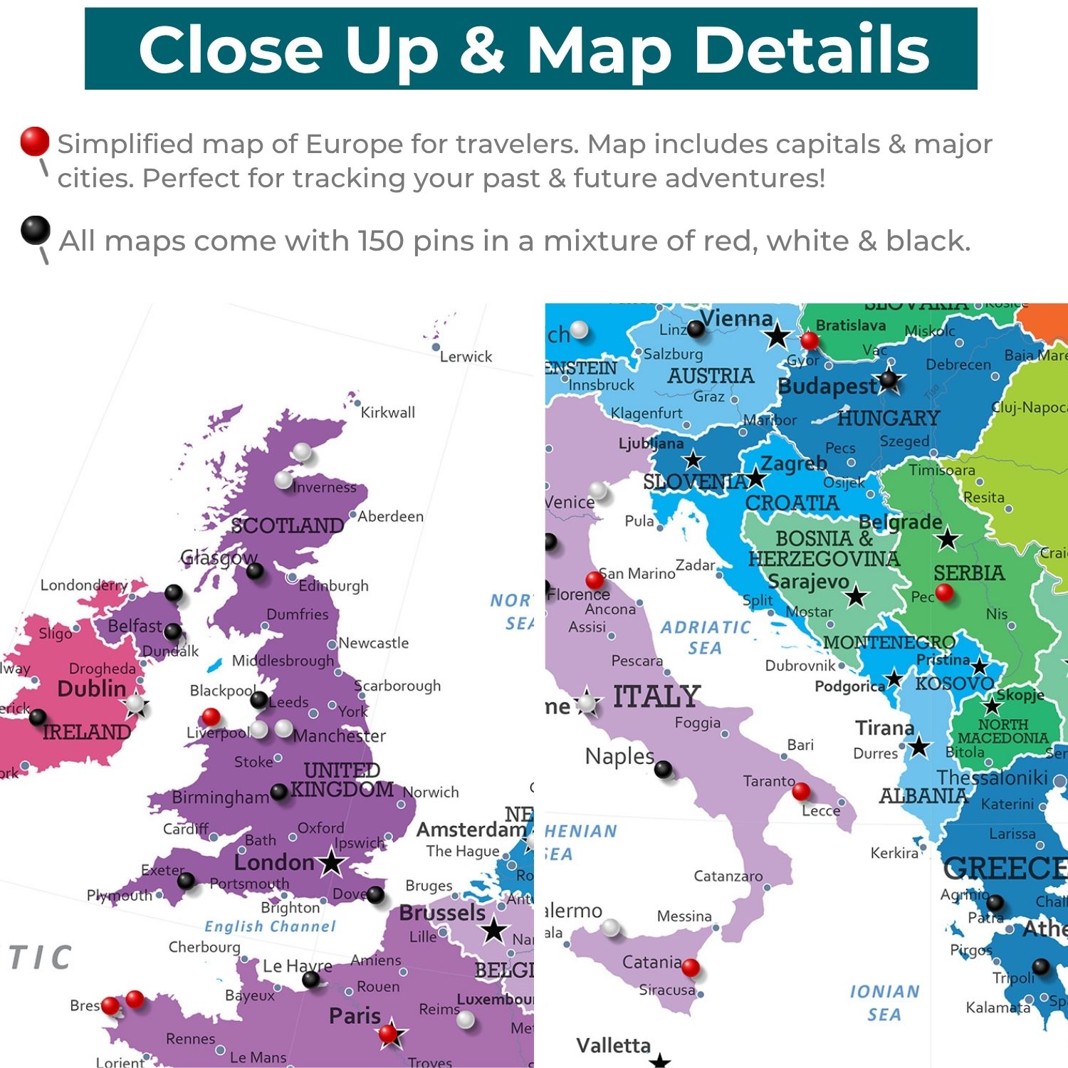 Canvas - Colorful Europe Travel Map with Pins - Square