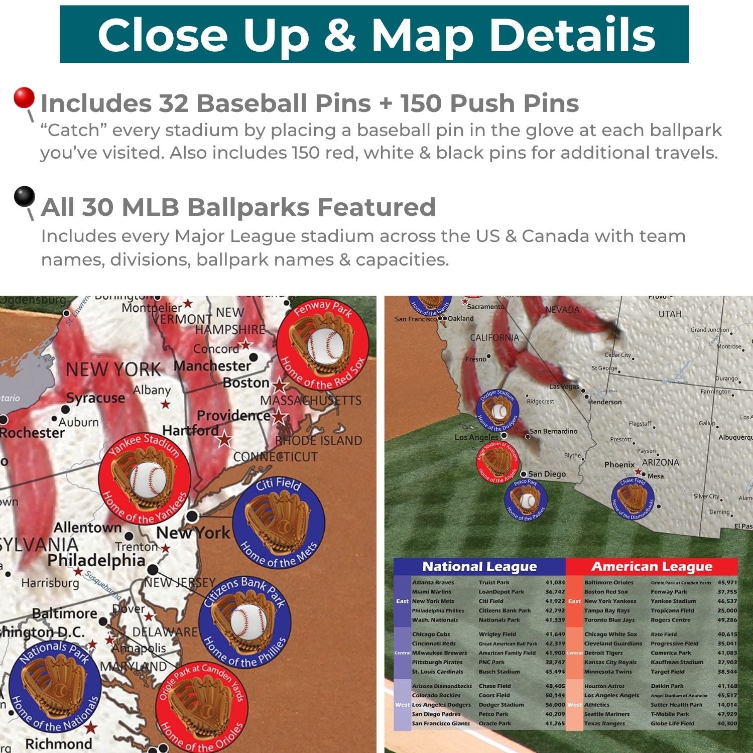 Close-up detail of MLB ballpark push pin travel map showing all 30 stadium locations