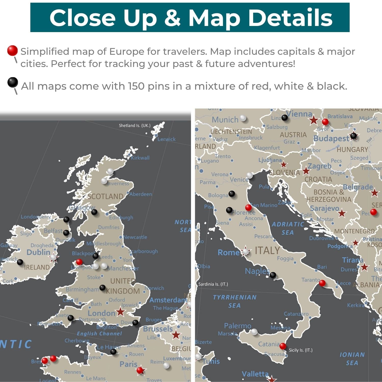 Gallery Wrapped - Earth Toned Europe Travel Map with Pins - Square Style