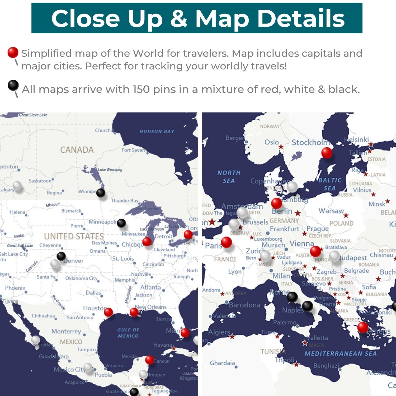 Map of the world with labeled cities and pins on a white background