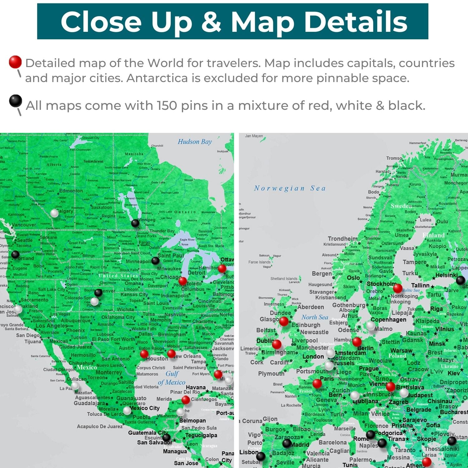 Canvas - Enchanting Emerald Watercolor World Travel Map with pins