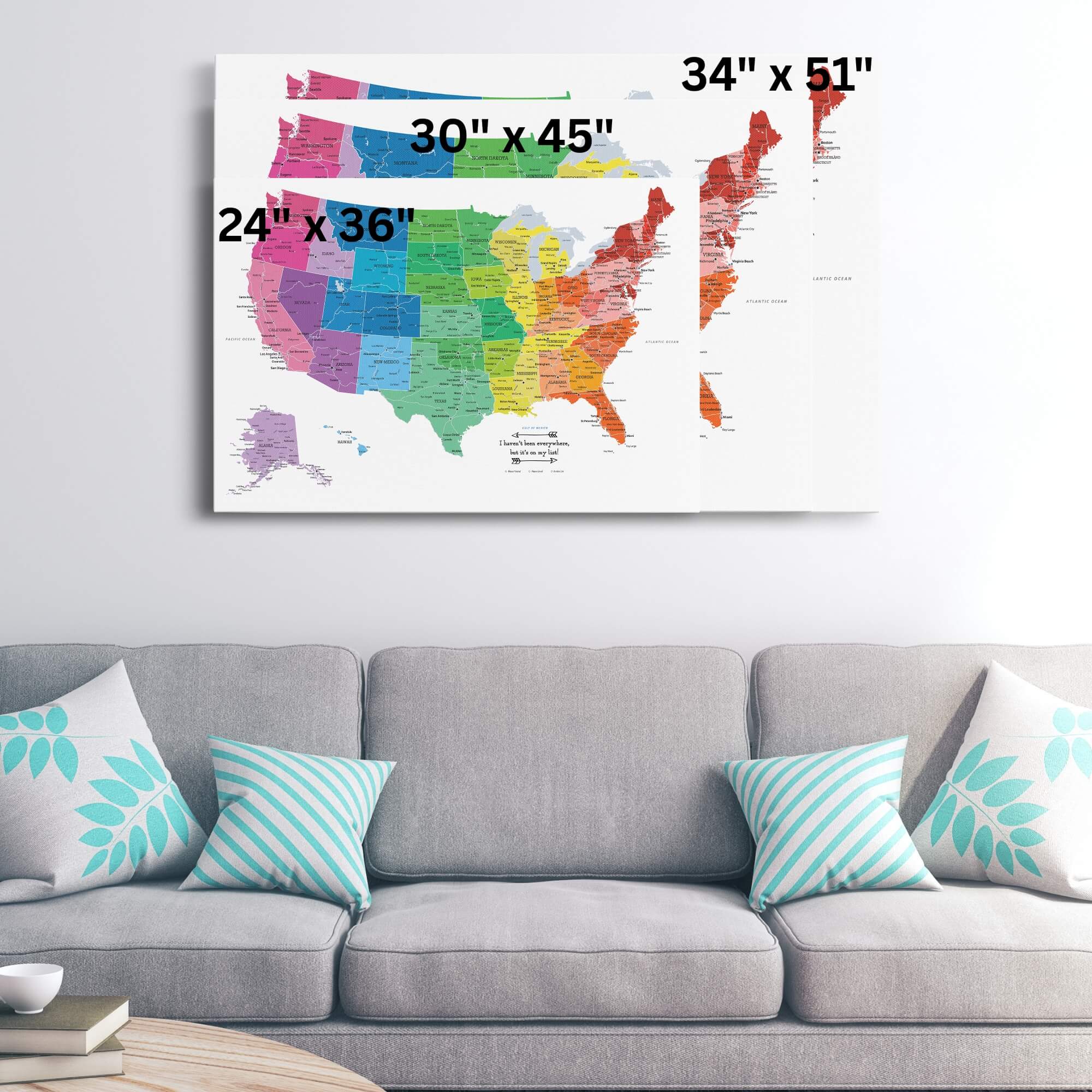 Gallery Wrapped - Colorful USA Travel Map with pins