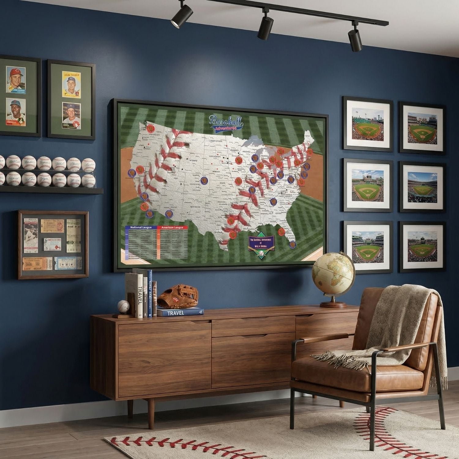Framed Baseball Adventures push pin travel map canvas displayed on navy wall above wood credenza with baseball memorabilia
