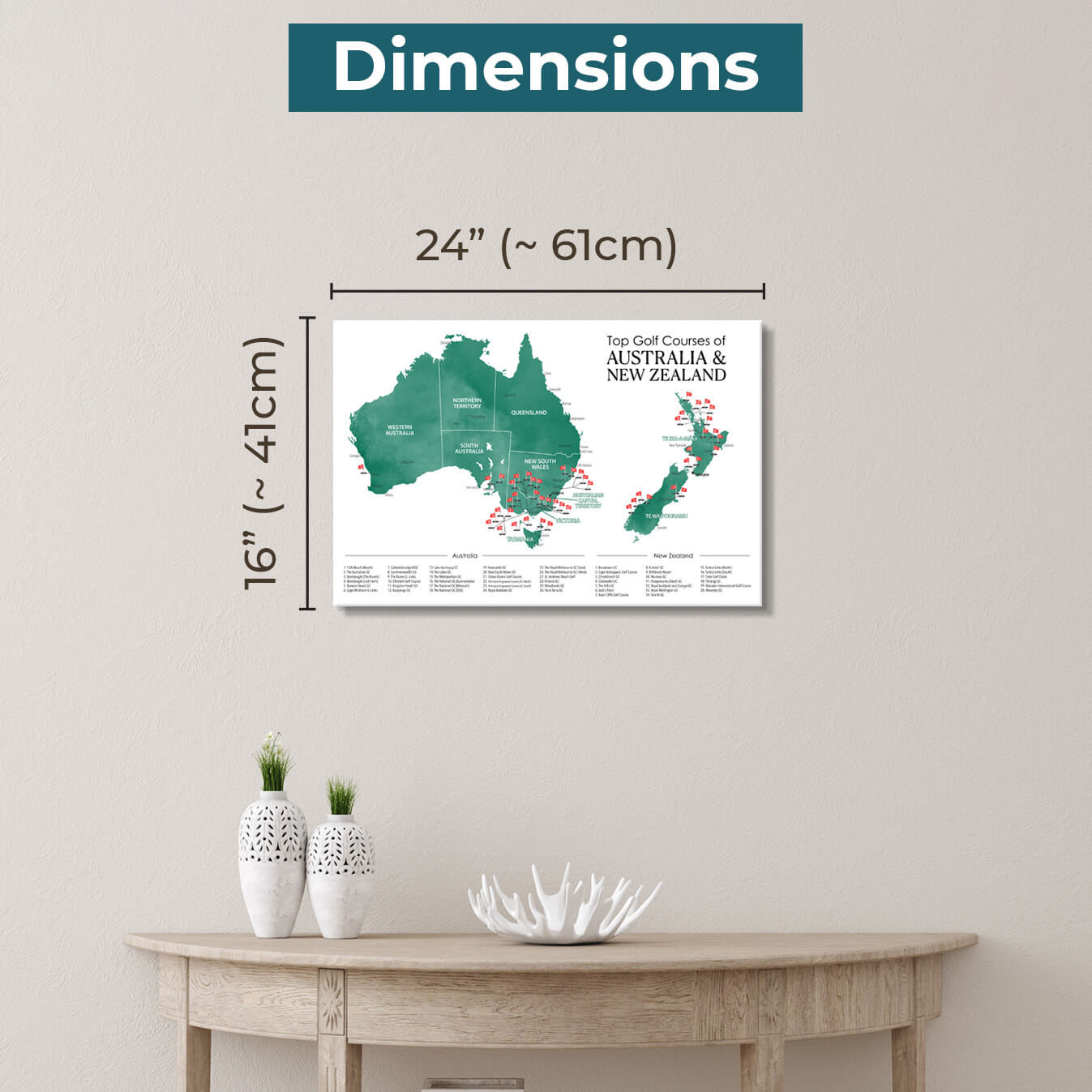 Gallery Wrapped Dimensions of 16" x 24" Size Australia and New Zealand Golf Courses Map