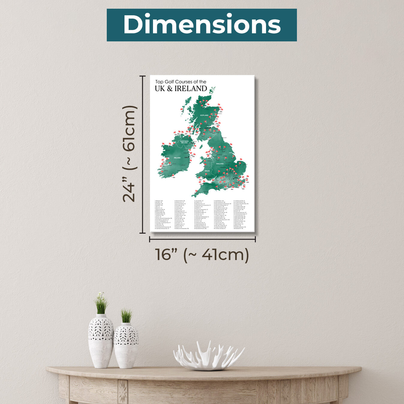 Gallery Wrapped Dimensions of 16" x 24" Size The UK and Ireland Golf Courses Map