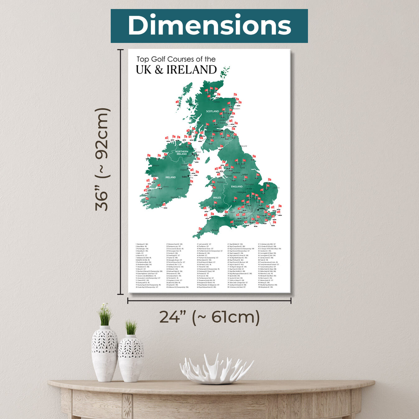 Gallery Wrapped Dimensions of 24" x 36" Size The UK and Ireland Golf Courses Map