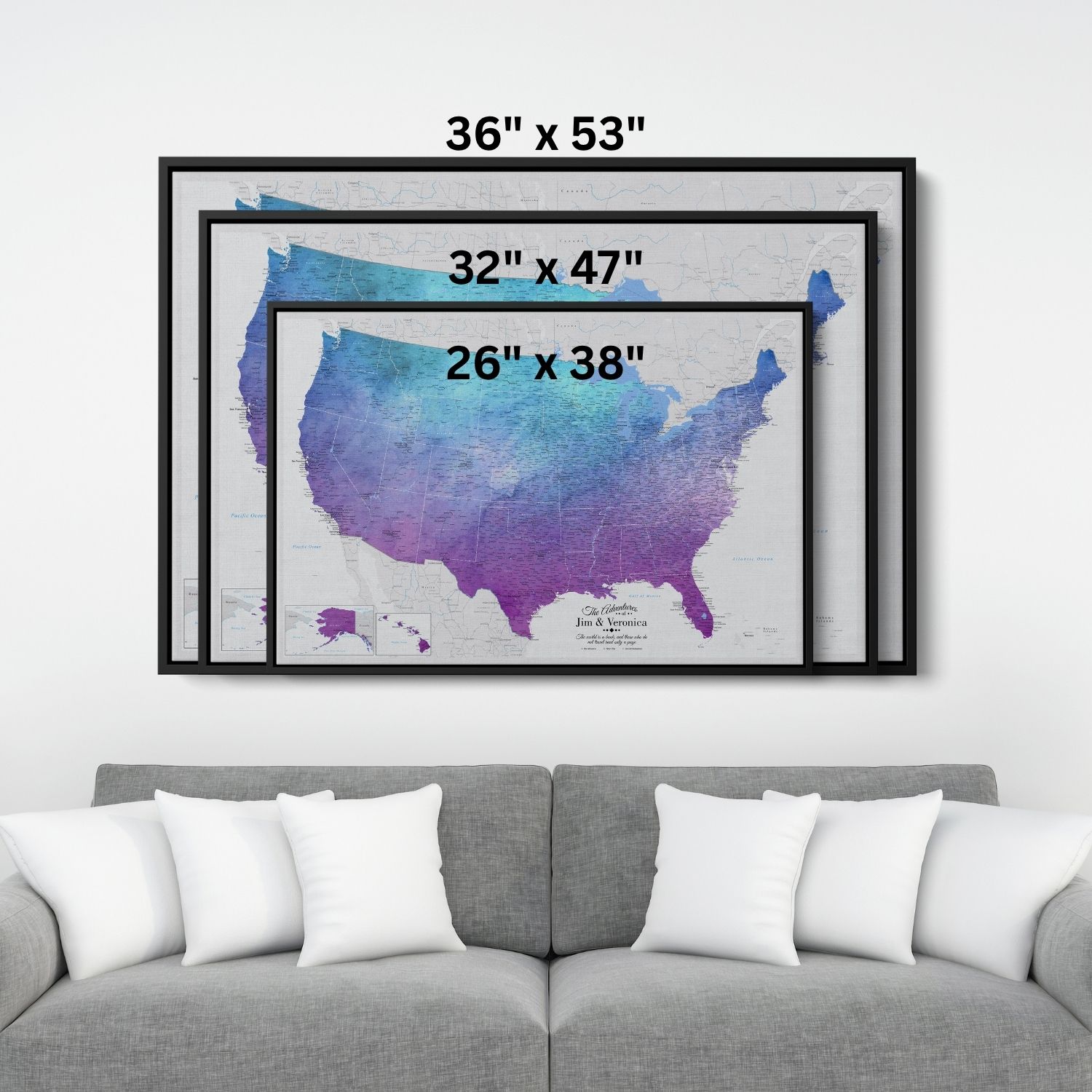 Canvas - Vibrant Violet Watercolor USA Travel Map with pins