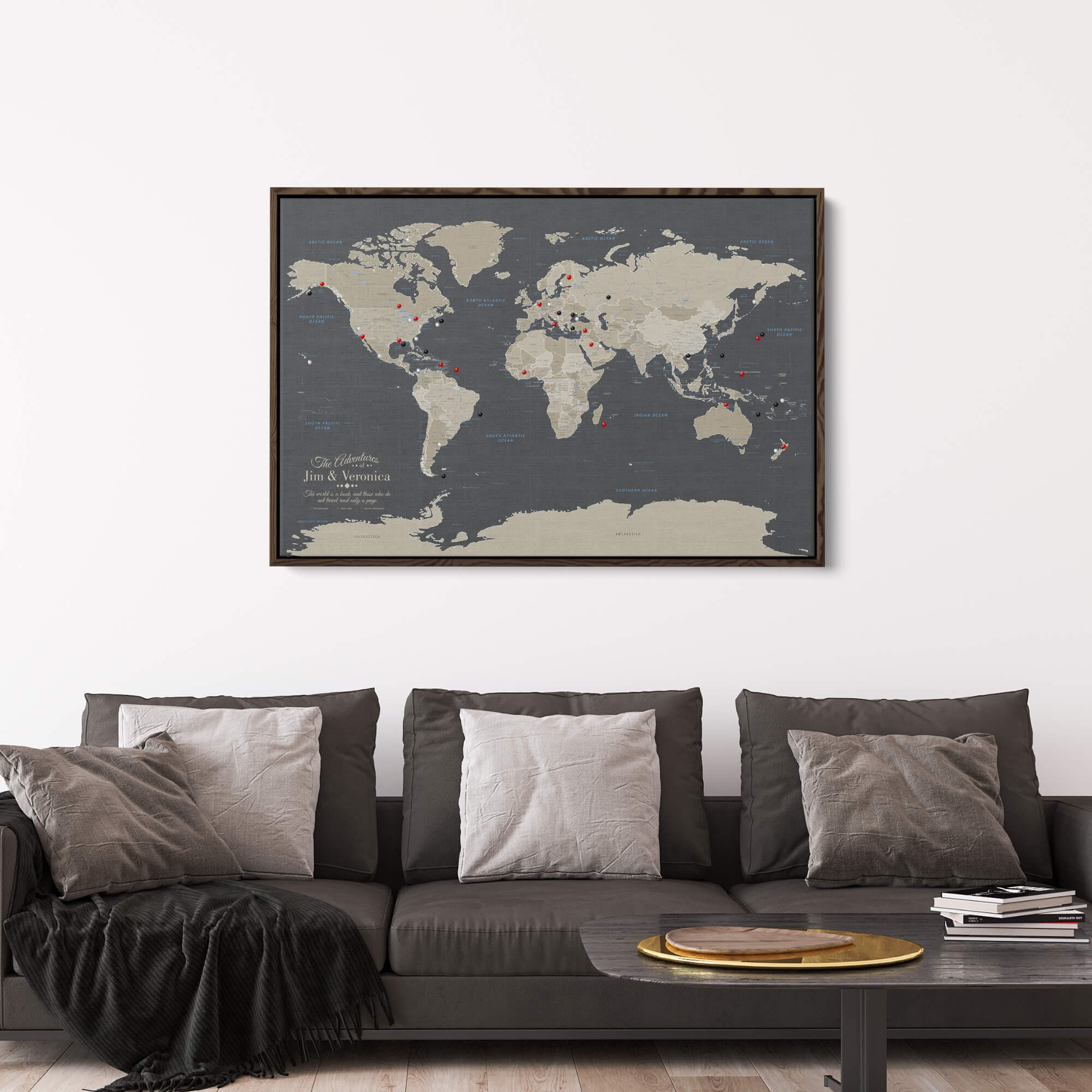Earth Toned World Push Pin Map Brown Float Mount Frame