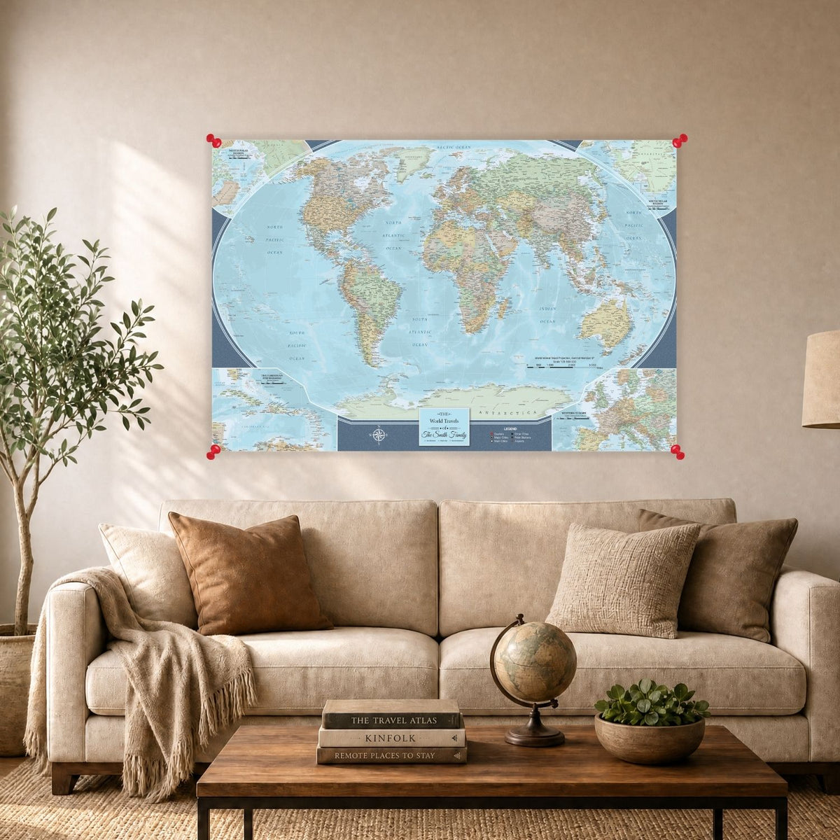 Signature World Canvas Poster with red push pins hanging above a beige sofa in a living room