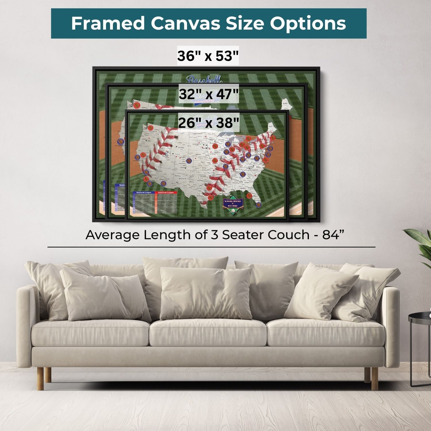 Framed canvas baseball push pin travel map size comparison above beige three-seater sofa