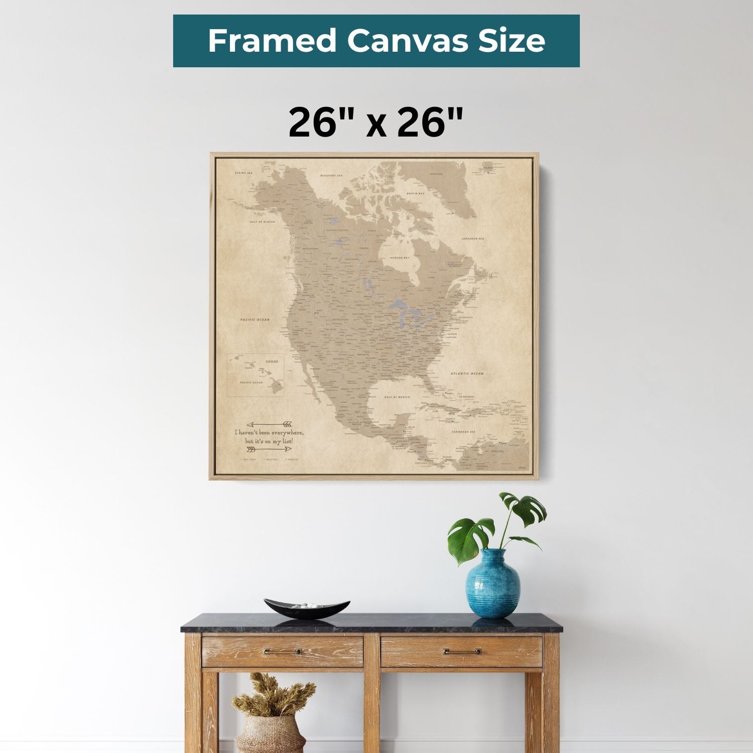 26x26 inch framed canvas vintage North America travel map with pins hanging above wooden console table