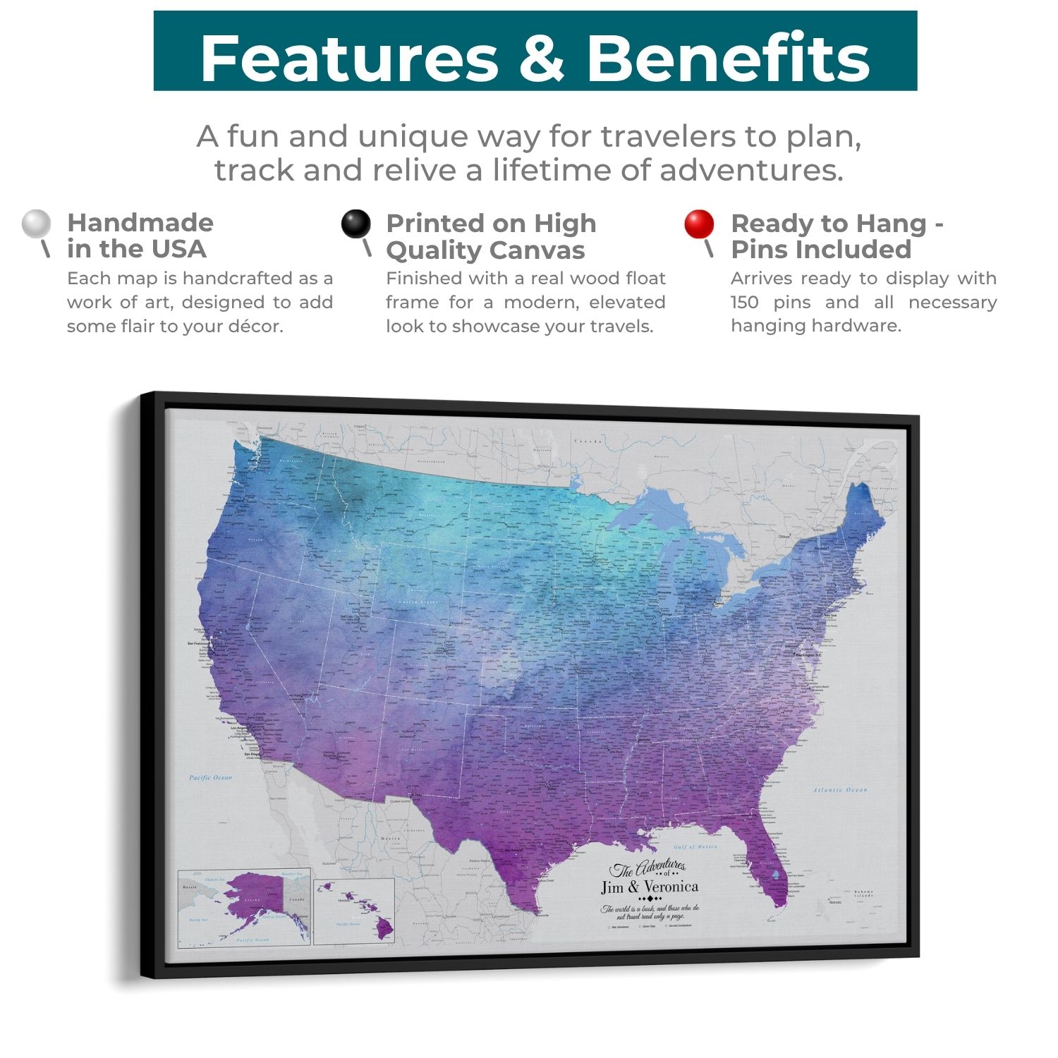 Canvas - Vibrant Violet Watercolor USA Travel Map with pins