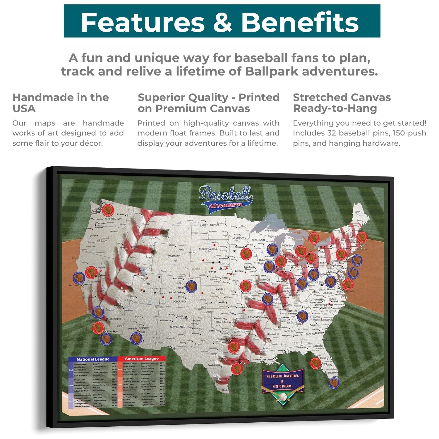 Personalized baseball stadium push pin travel map canvas showing all 30 MLB ballparks across USA with team pins