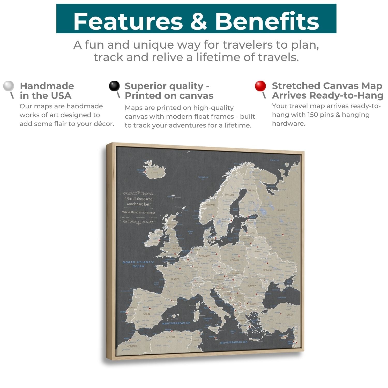 Canvas - Earth Toned Europe Travel Map with Pins - Square