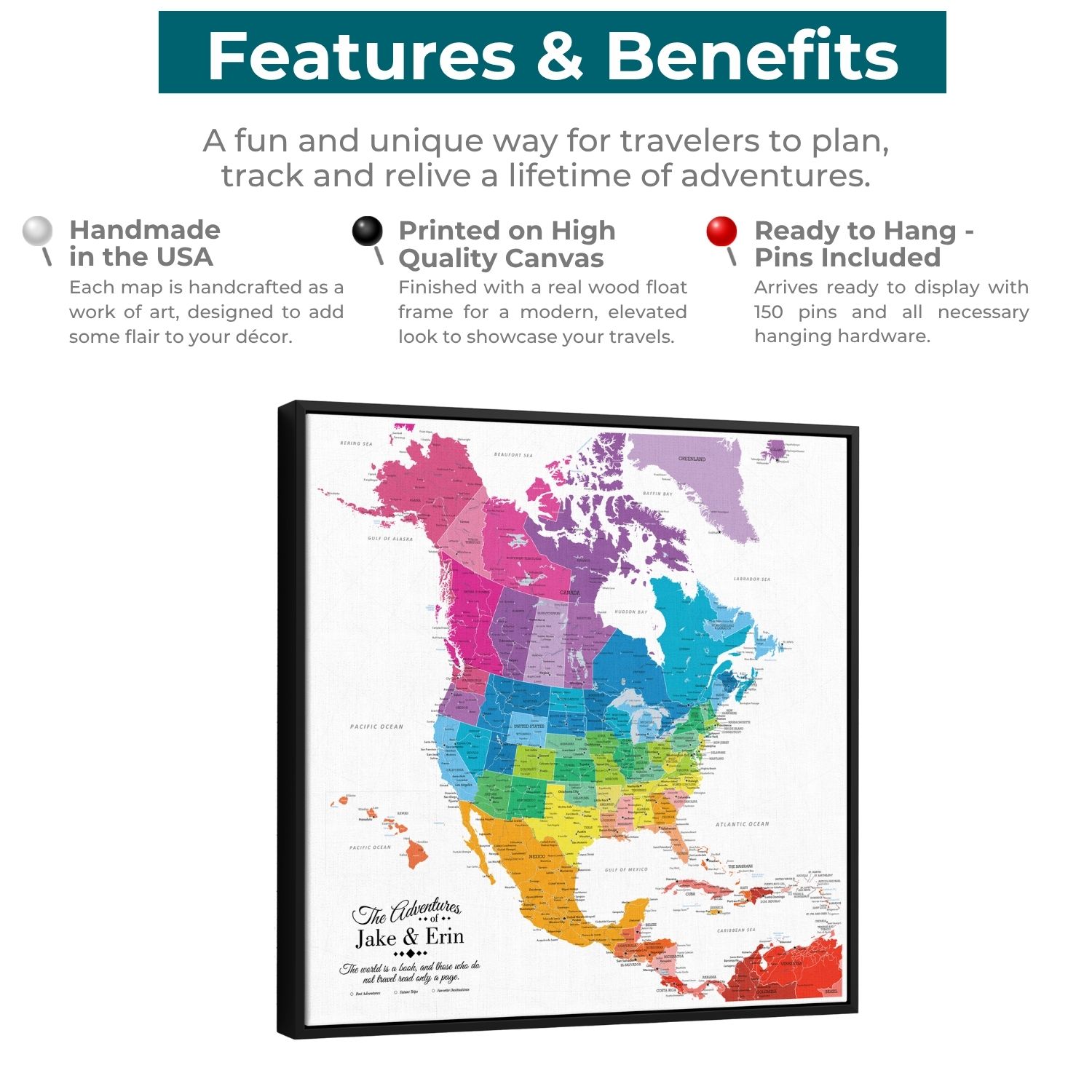 Canvas - Colorful North America Travel Map with Pins