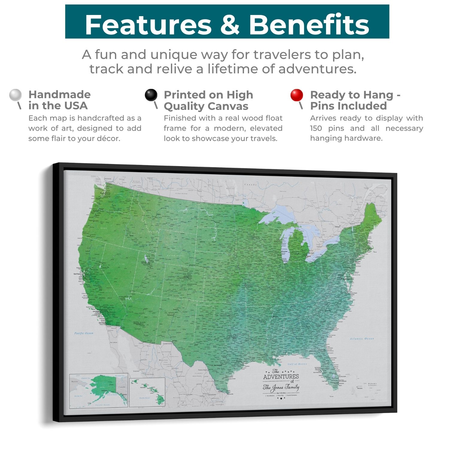 Canvas - Enchanting Emerald Watercolor USA Travel Map with pins