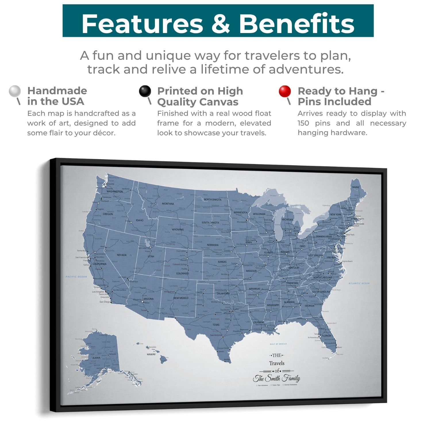 Canvas - Blue Ice USA Push Pin Travel Map with pins